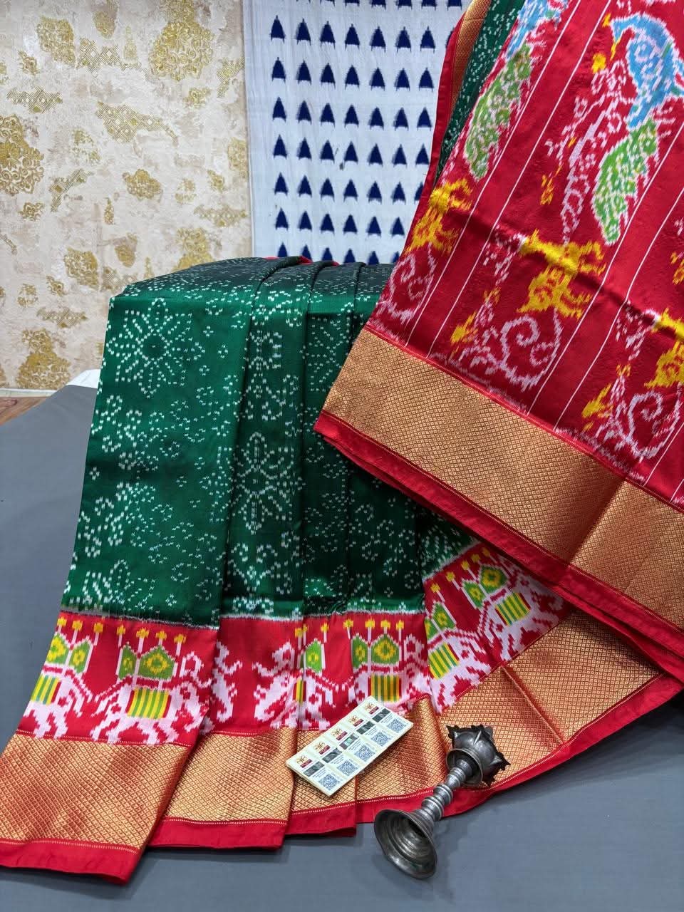 Premium Double Ikat Patola by Icultuer in Pure Silk with Traditional Red Pallu