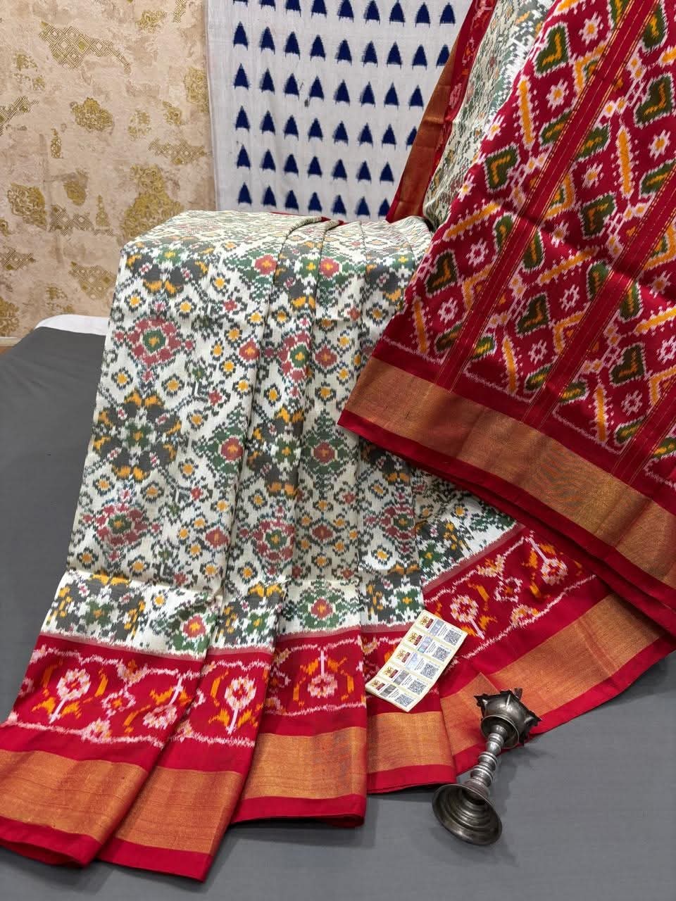 Handloom Patola Silk by Icultuer White Multicolor Body with Red Ikat Border