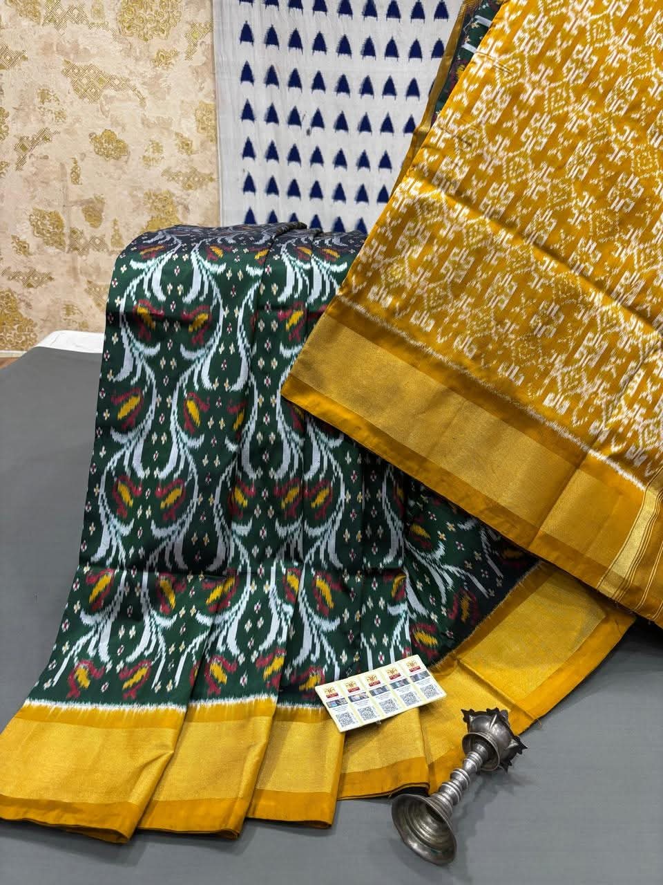Pure Patola Silk by Icultuer – Classic Yellow Border & Ikat Weave Design