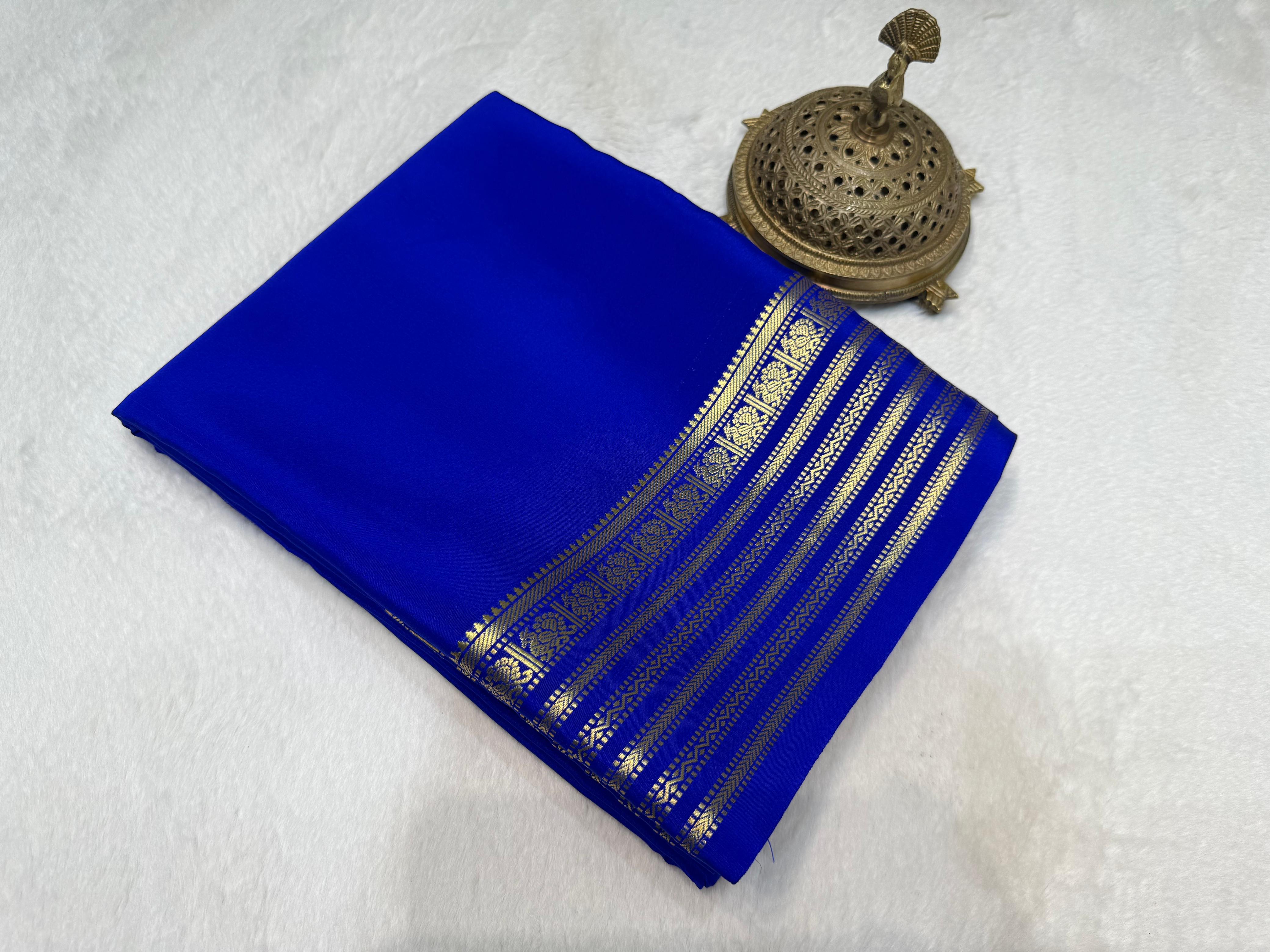 Blue Mysore Crepe Silk by Icultuer Lightweight Soft Silk Golden Zari Work