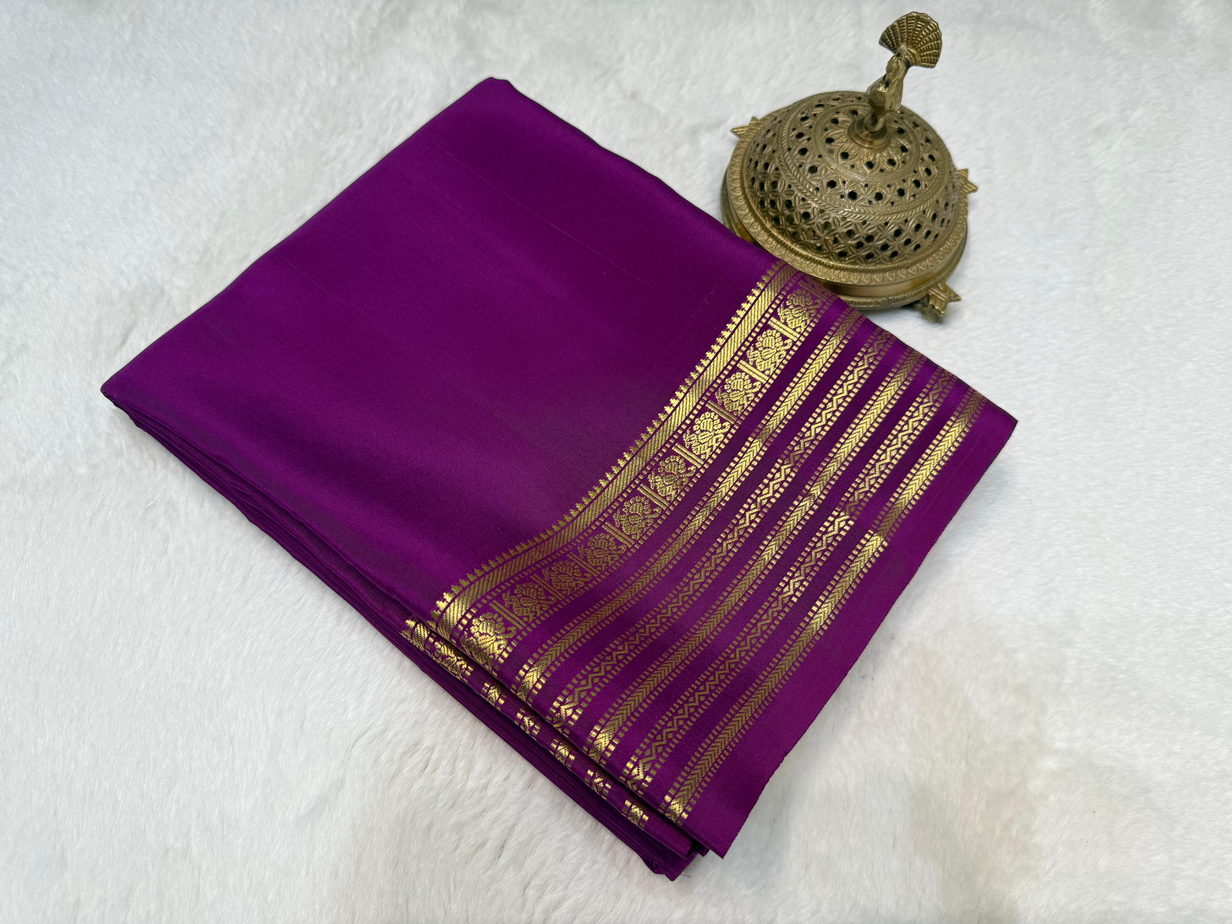 Purple Soft Mysore Silk by Icultuer – Elegant Plain Body with Rich Border