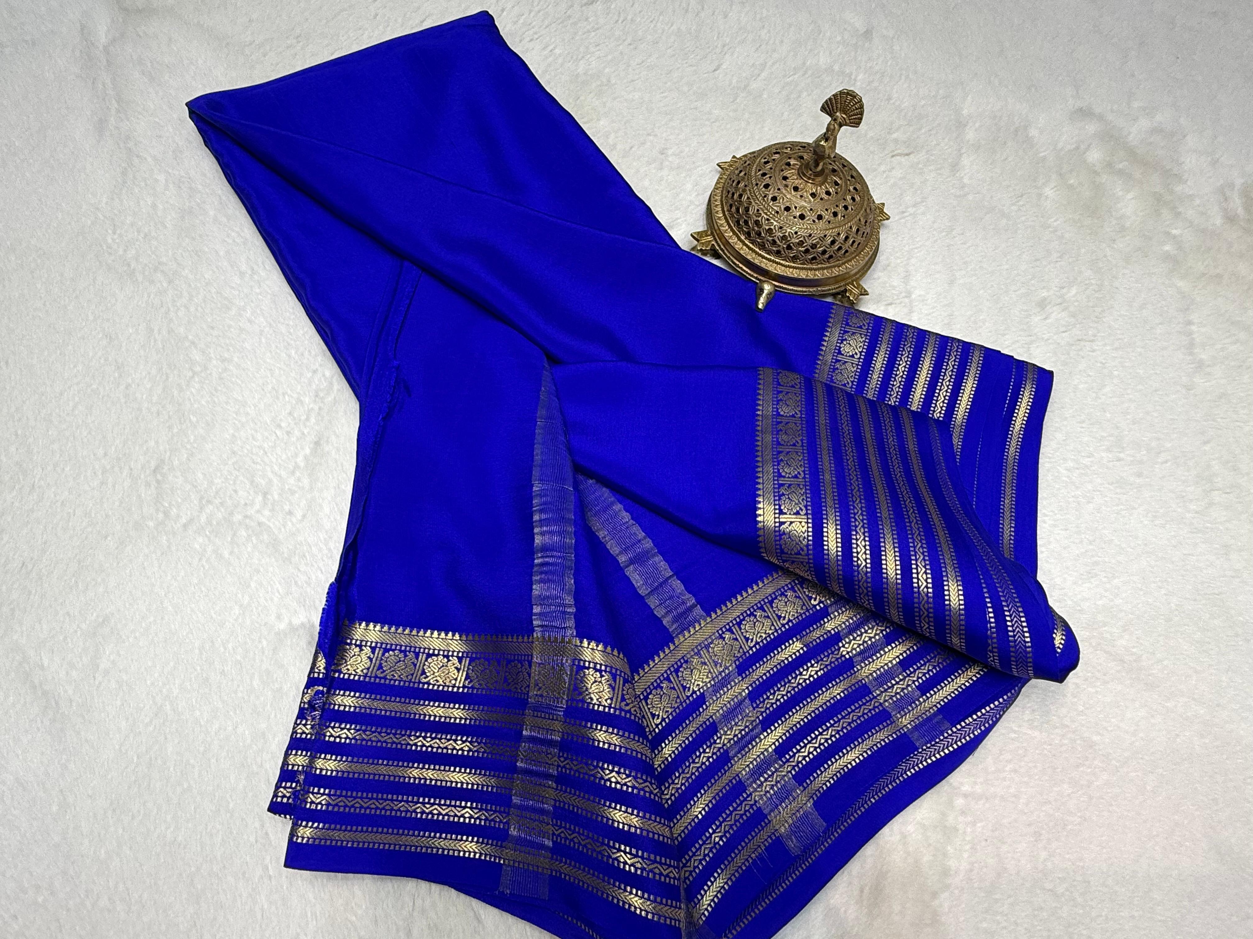 Blue Mysore Crepe Silk by Icultuer Lightweight Soft Silk Golden Zari Work