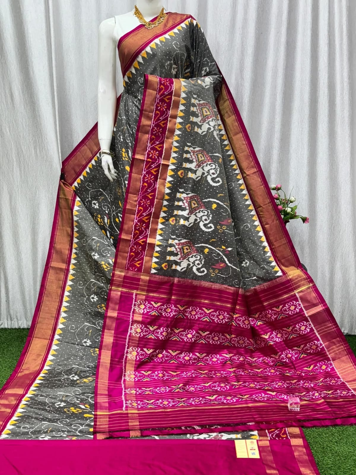 Pure Silk Pochampally Ikat by Icultuer White Multicolor with Rich Pink Pallu
