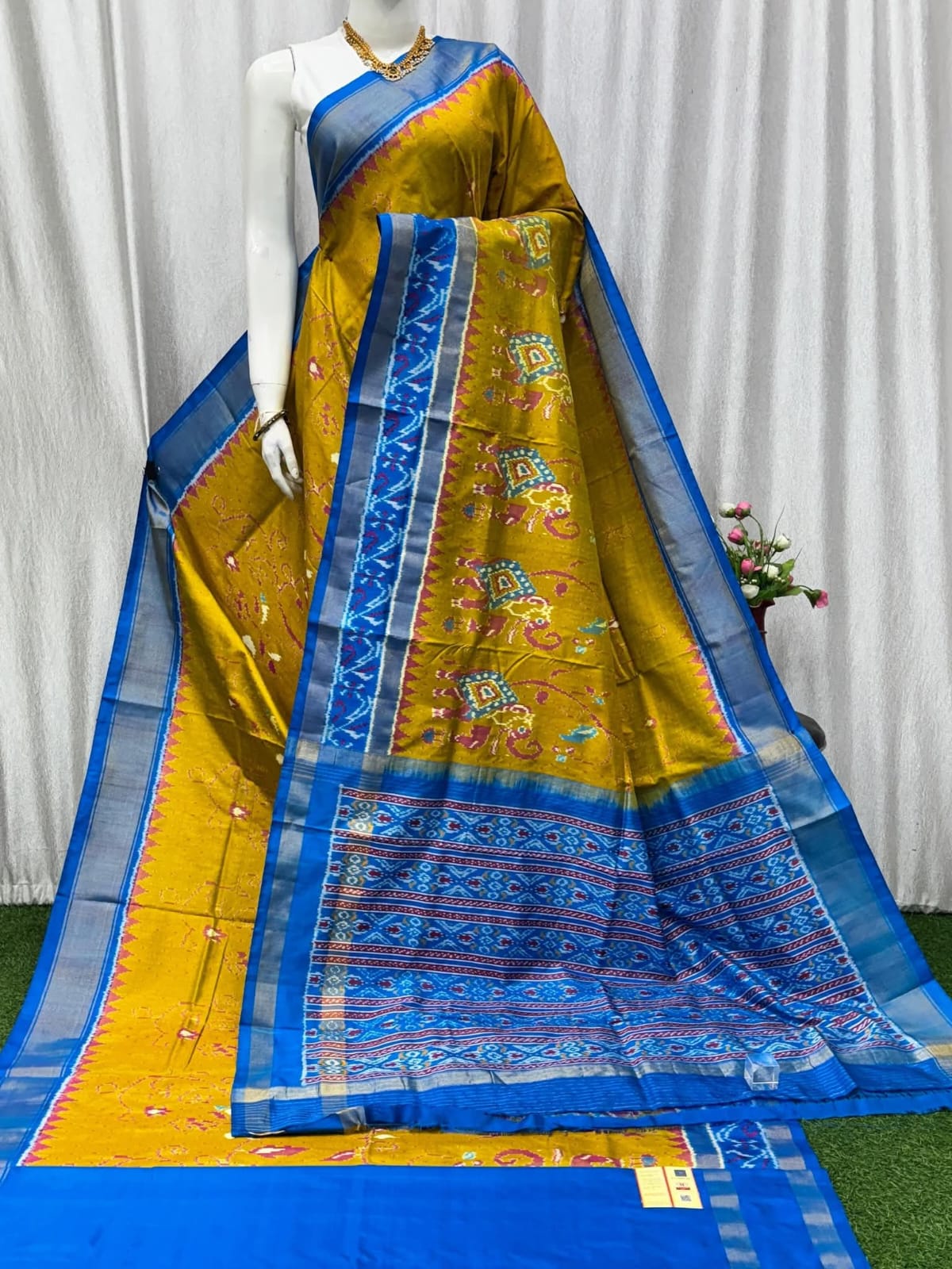 Mustard Yellow Pochampally Ikat Pure Silk by Icultuer with Blue Designer Border