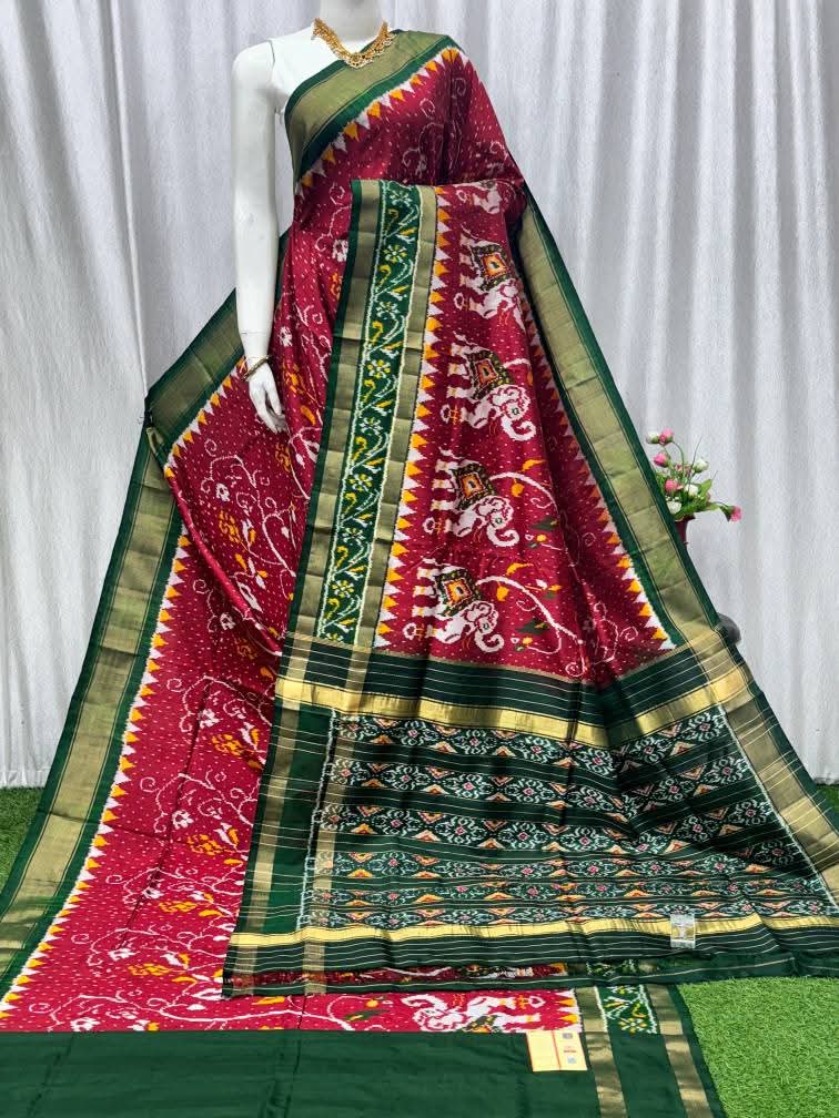 Maroon Pochampally Ikat Pure Silk by Icultuer with Green Border and Elephant Patterns