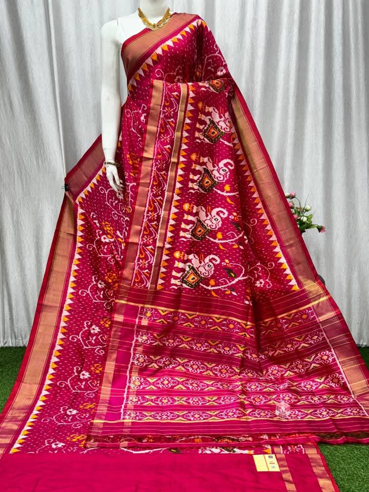 Rani Pink Pochampally Ikat Pure Silk by Icultuer with Golden Border and Elephant Motifs
