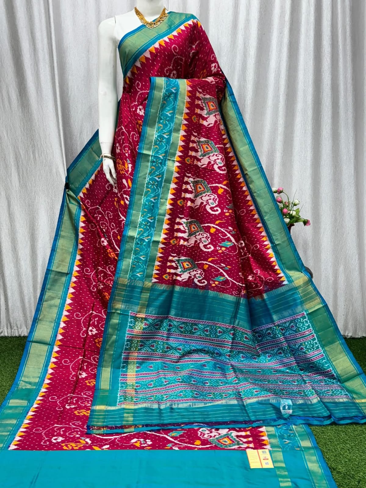 Pink Pochampally Ikat Pure Silk by Icultuer with Teal Blue Border and Elephant Design