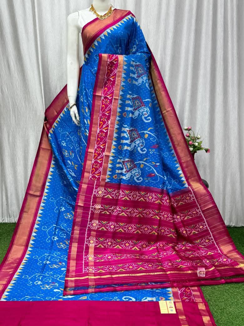 Royal Blue Pochampally Ikat Pure Silk by Icultuer with Pink Border and Elephant Motifs