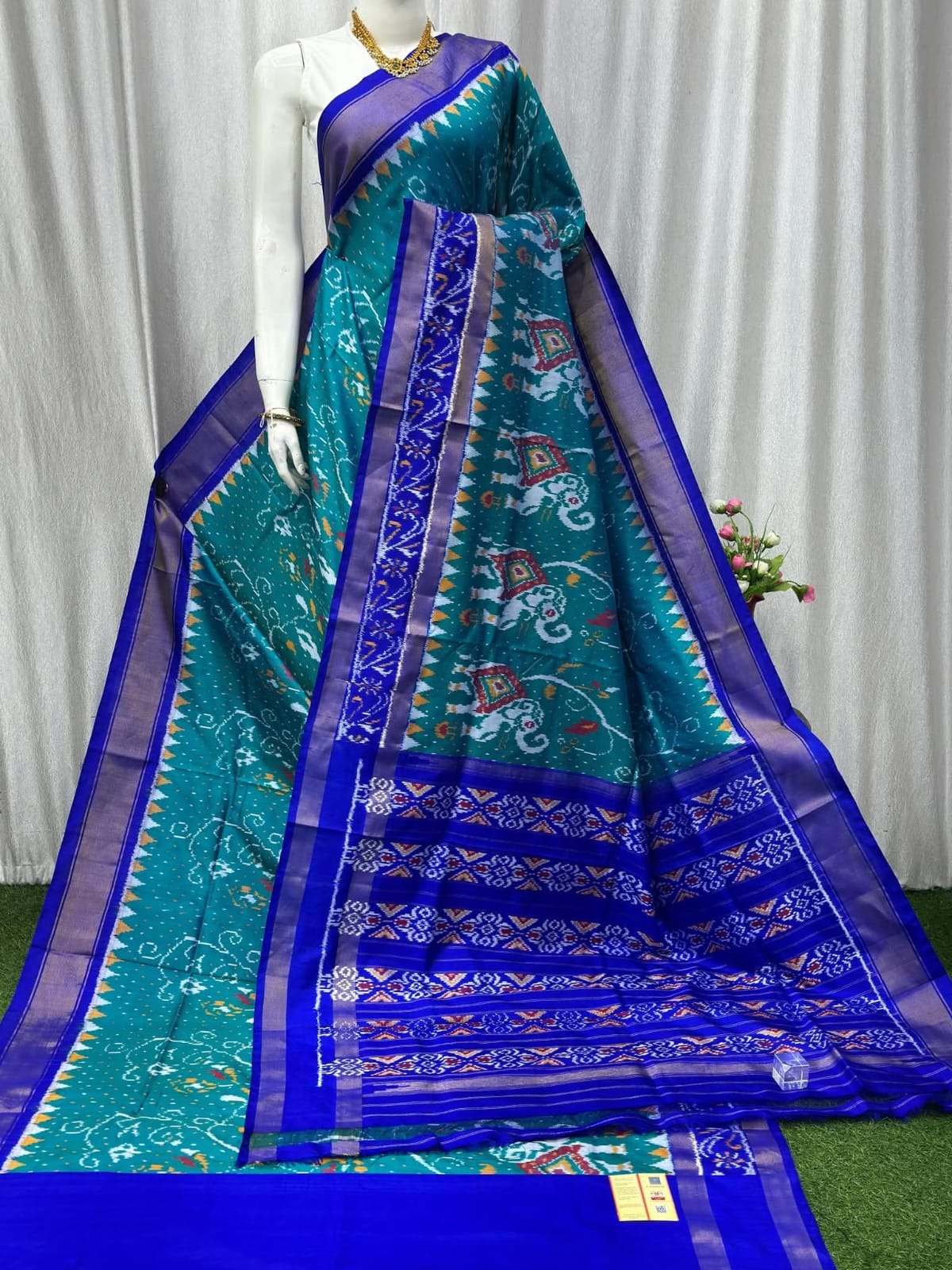 Aqua Blue Pochampally Ikat Pure Silk by Icultuer with Royal Blue Border and Elephant Motifs