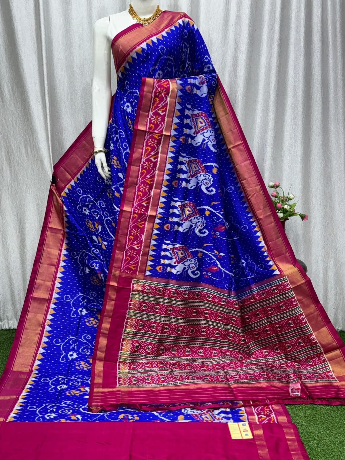 Royal Blue Ikat Pure Silk by Icultuer with Rani Pink Border & Elephant Design