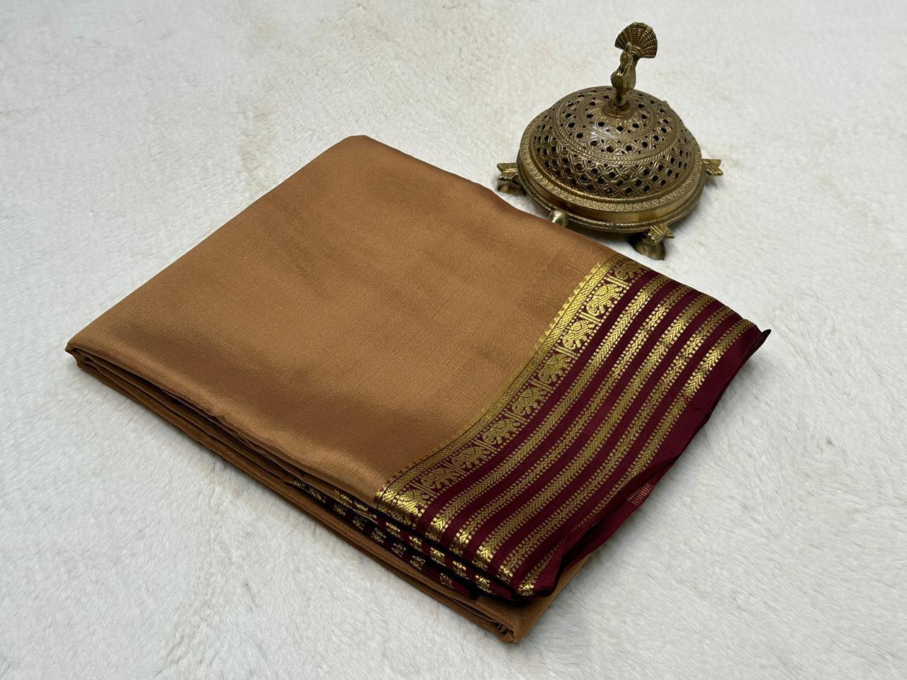 Brown Semi Mysore Silk by Icultuer with Maroon & Gold Zari Border and Blouse