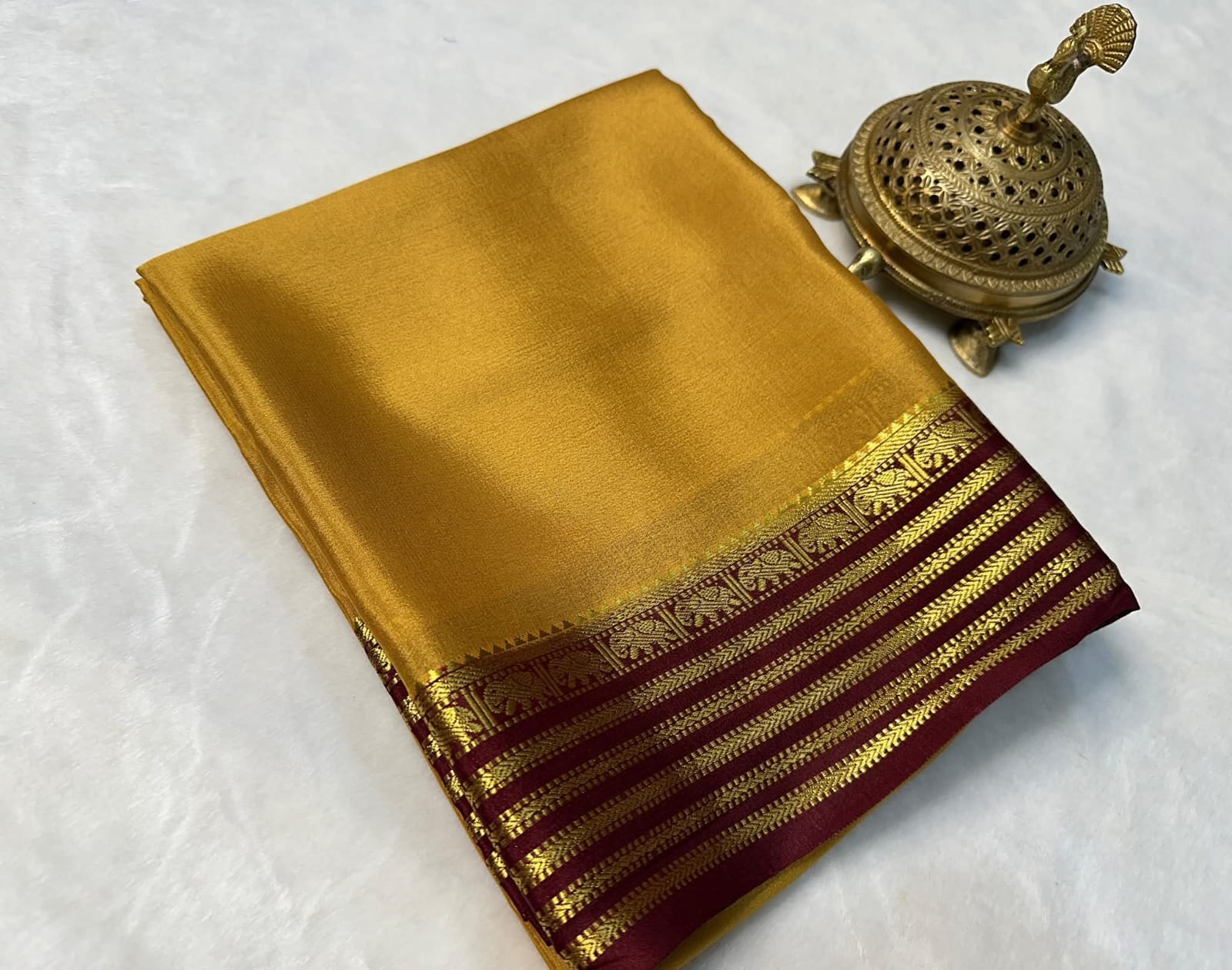 Mustard  Mysore Silk by Icultuer with Maroon & Gold Zari Border and Blouse
