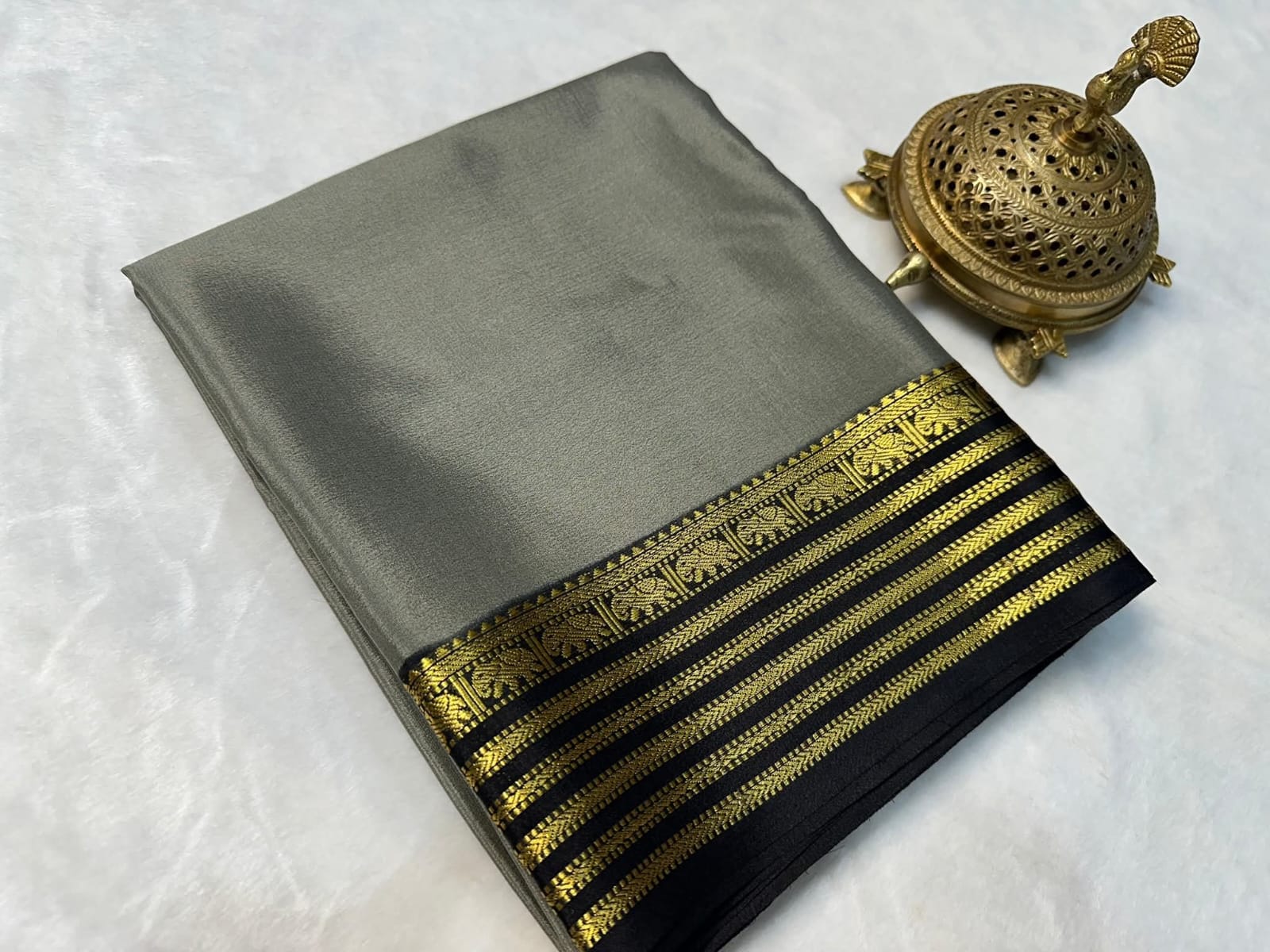 Grey Semi Mysore Silk by Icultuer with Black & Gold Zari Border and Blouse