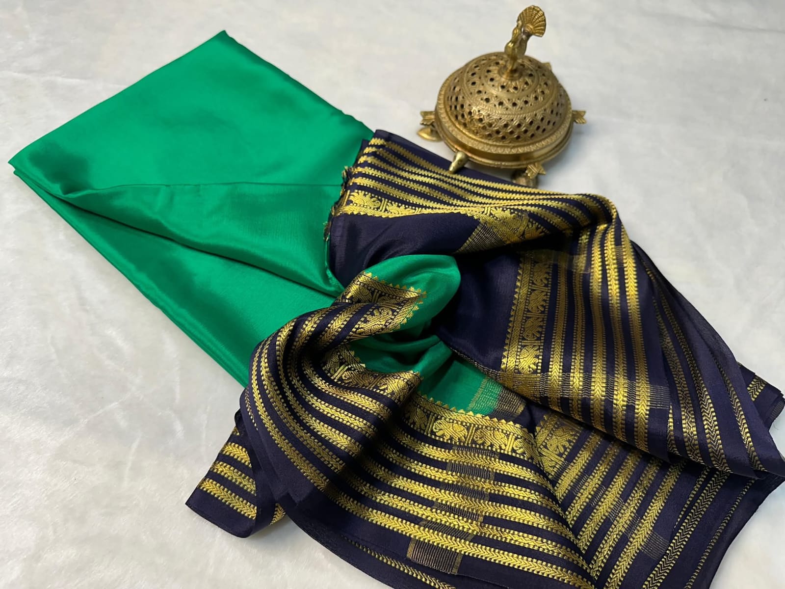 Green Semi Mysore Silk by Icultuer with Navy Blue & Gold Zari Border and Blouse