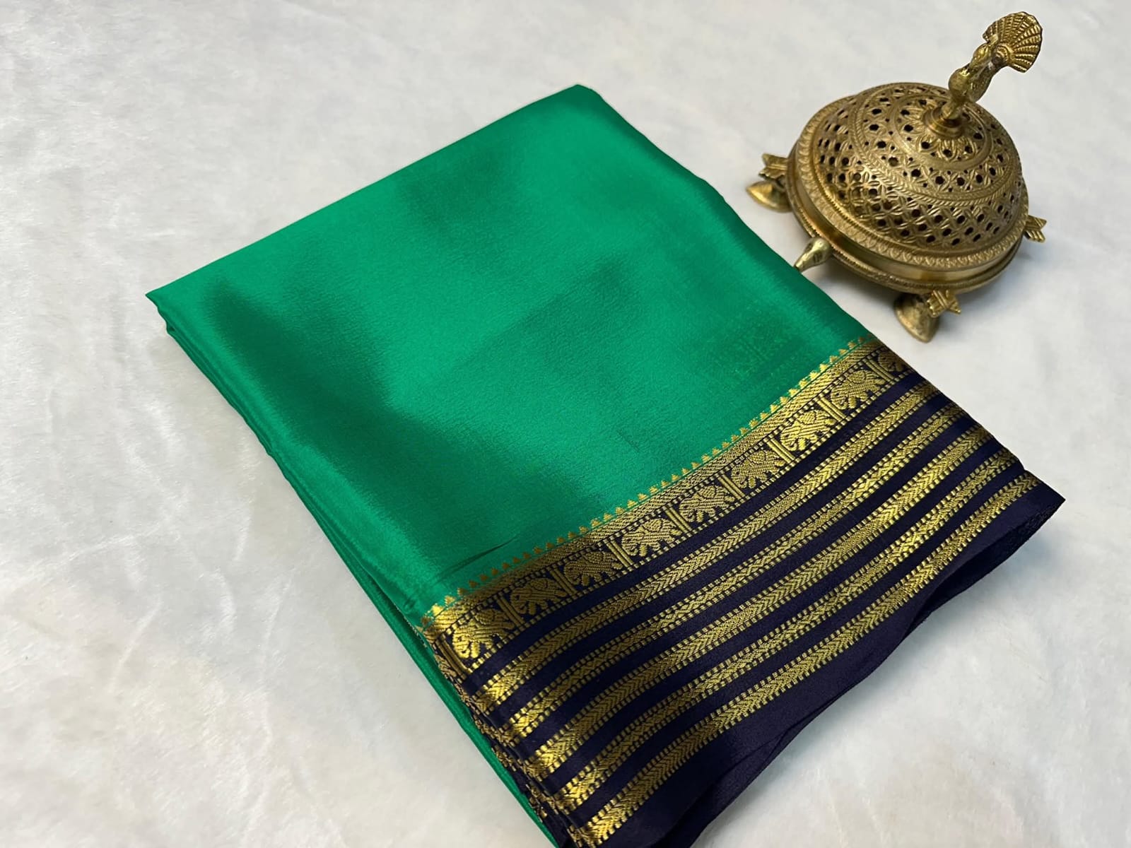 Green Semi Mysore Silk by Icultuer with Navy Blue & Gold Zari Border and Blouse