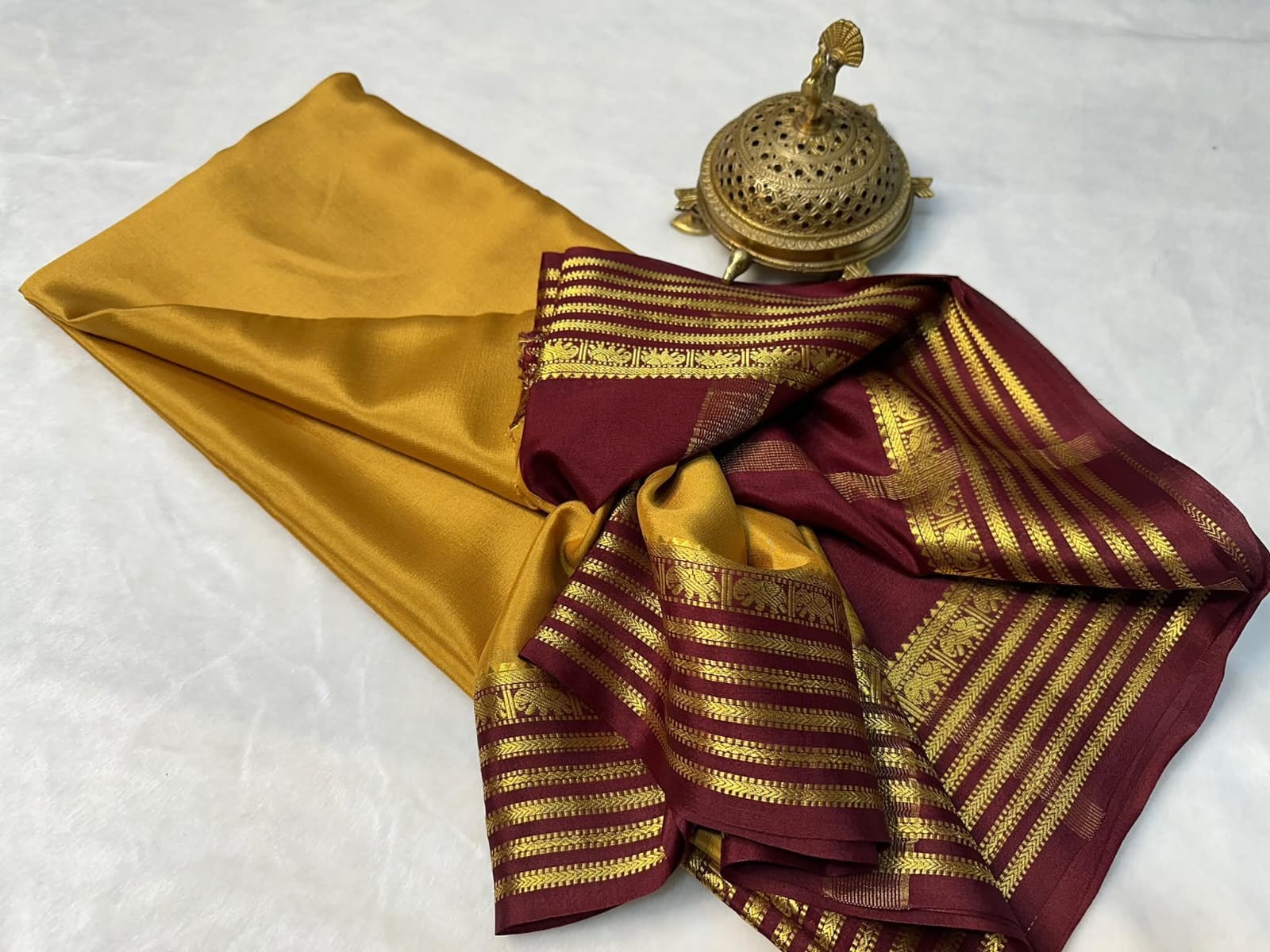 Mustard  Mysore Silk by Icultuer with Maroon & Gold Zari Border and Blouse