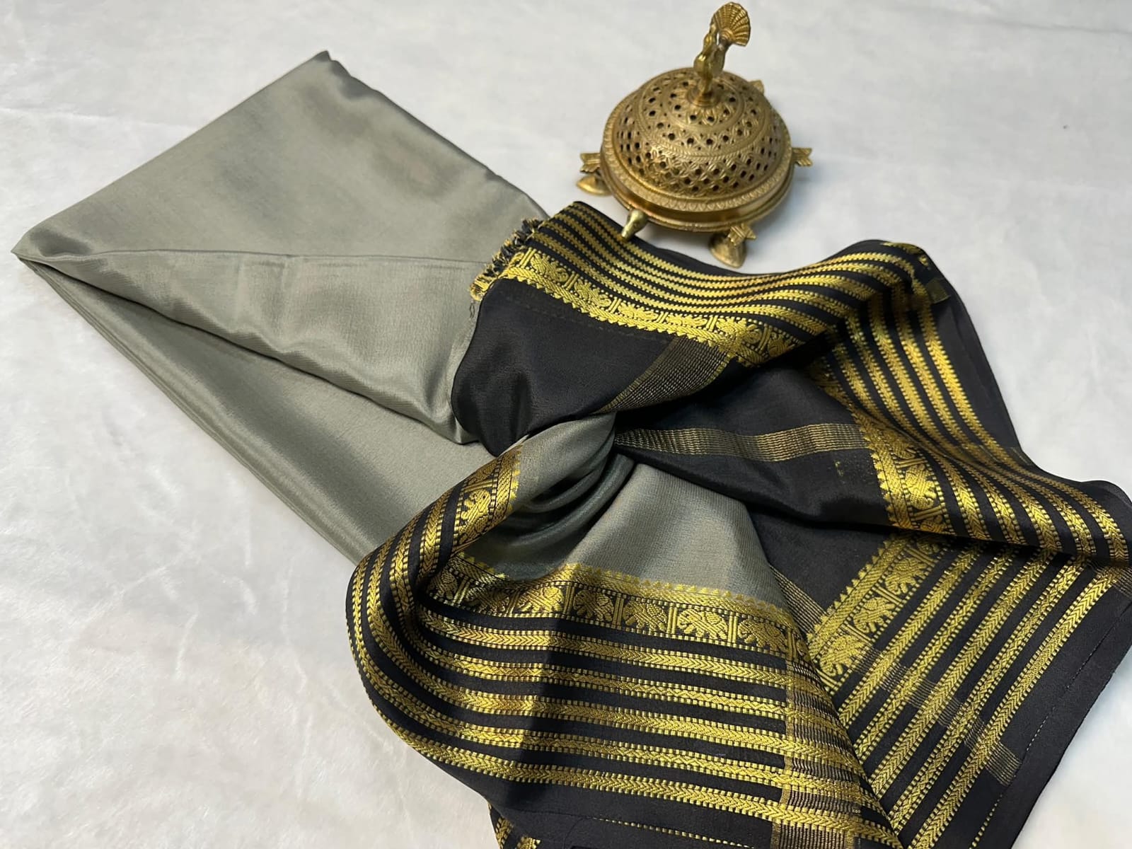 Grey Semi Mysore Silk by Icultuer with Black & Gold Zari Border and Blouse