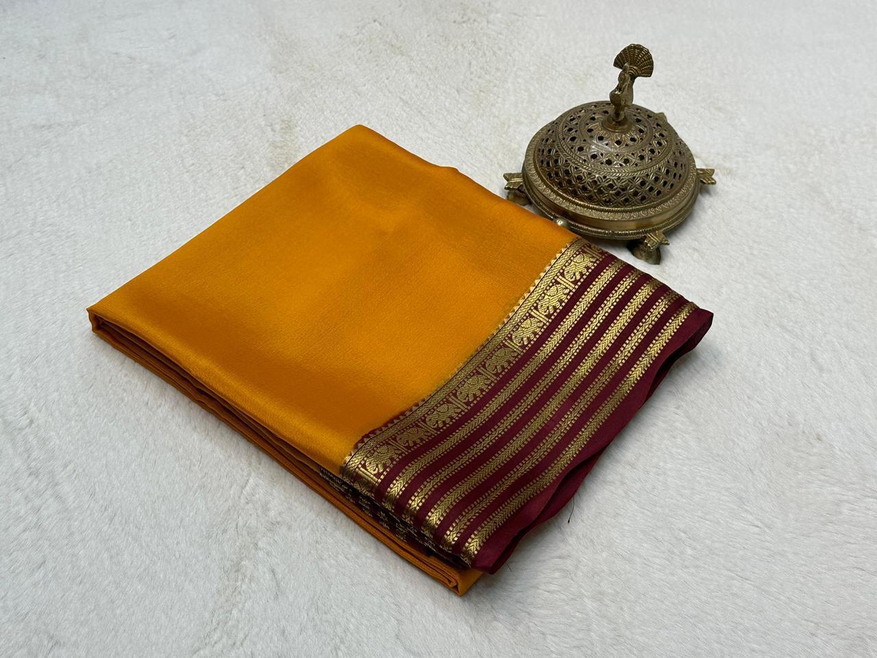 Majestic Amber Mysore Silk Look by Icultuer with Royal Maroon Zari Border & Blouse Piece