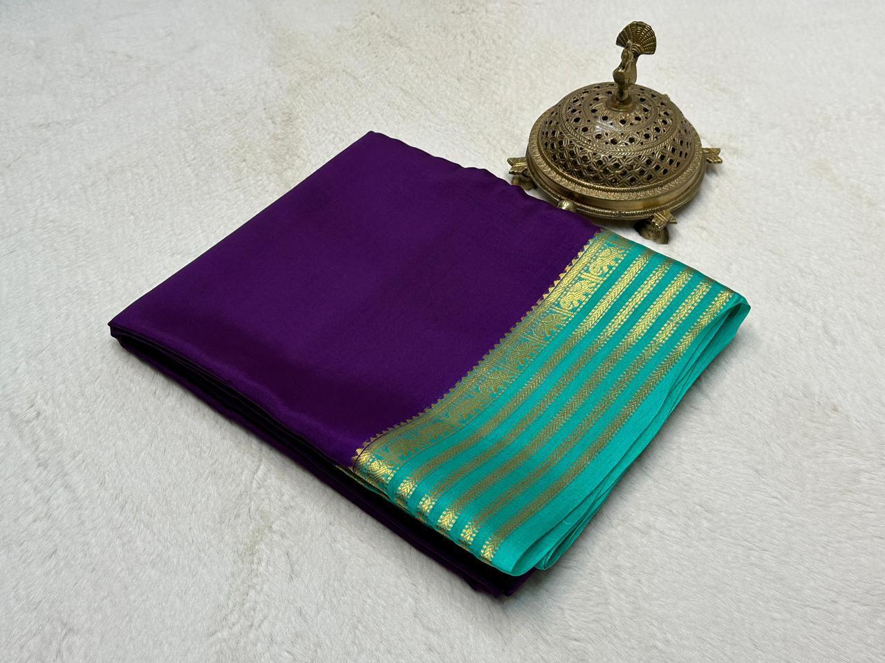 Royal Plum Semi Mysore Silk by Icultuer with Aqua Zari Toned Border & Blouse