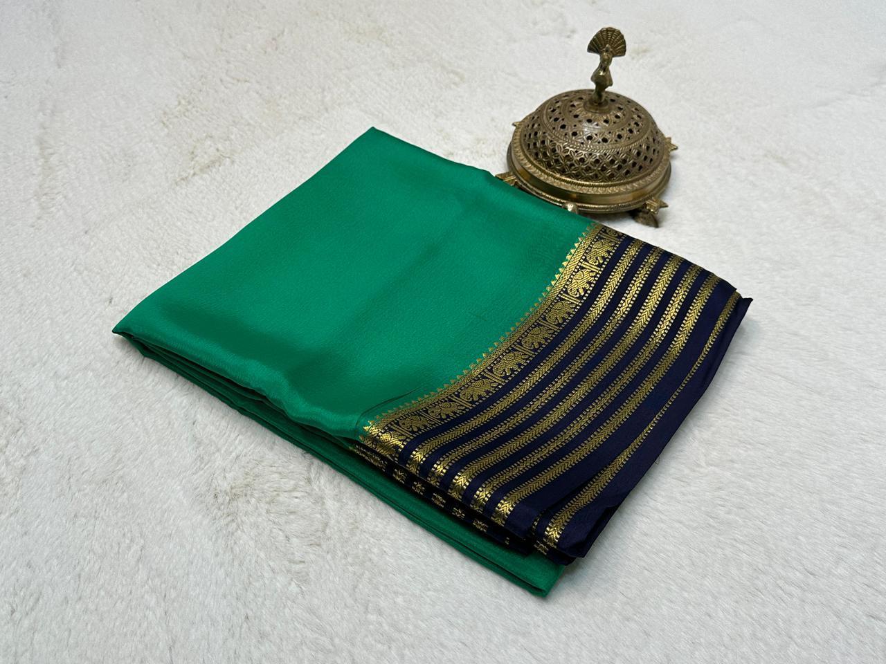 Emerald Green Semi Mysore Silk by Icultuer with Deep Navy Zari Crafted Border & Blouse