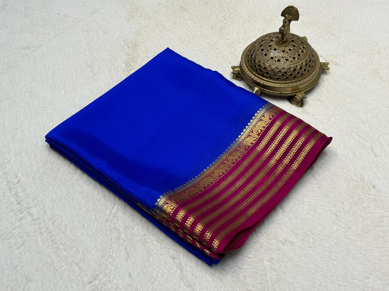 Royal Blue Semi Mysore Silk by Icultuer Accented with Crimson Gold Zari Border & Blouse