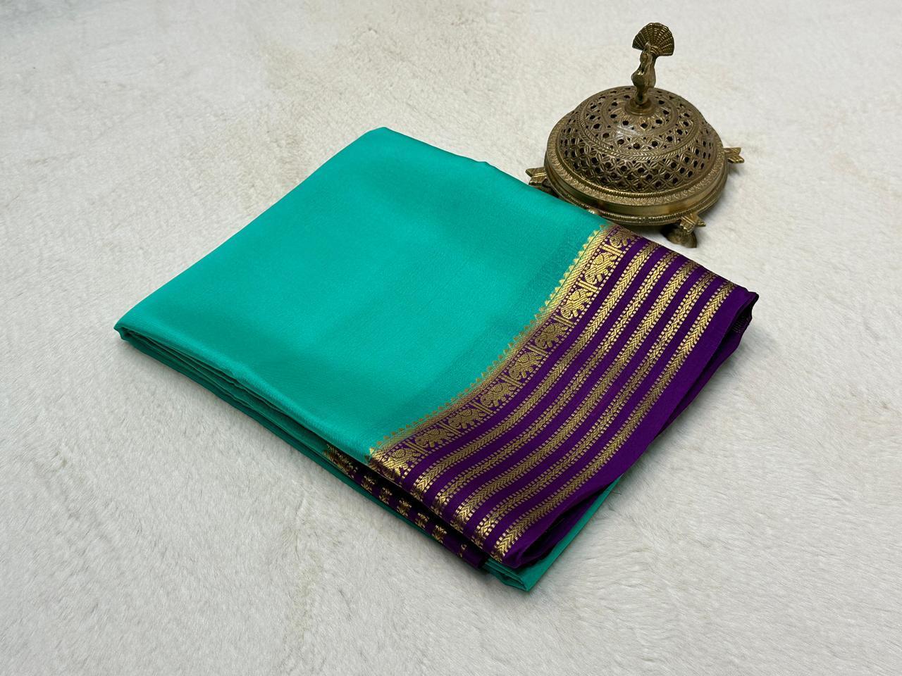 Sea Green Semi Mysore Silk by Icultuer with Royal Purple Gold-Woven Zari Border & Blouse