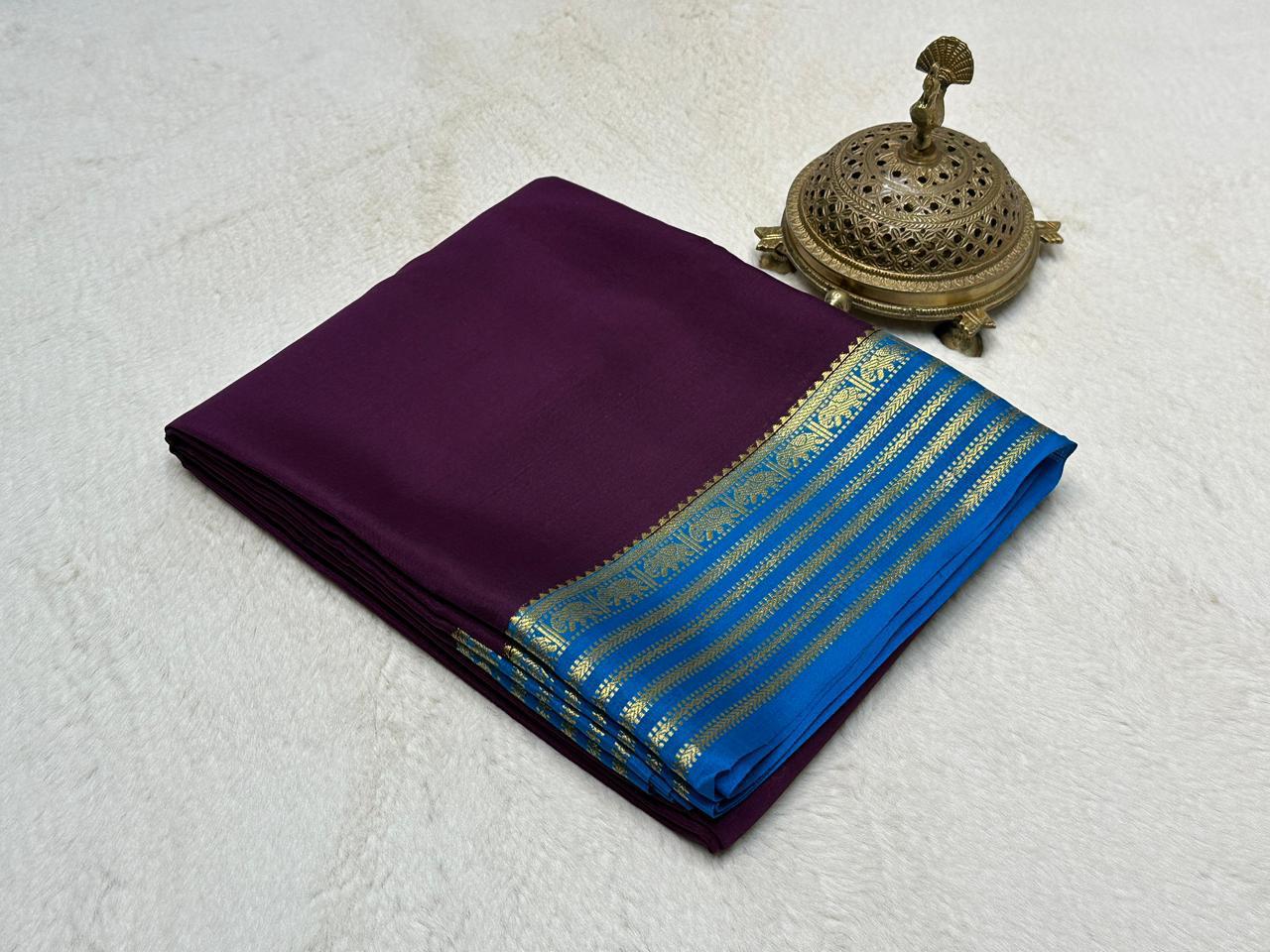 Wine Purple Semi Mysore Silk by Icultuer with Electric Blue Gold-Woven Zari Border & Blouse
