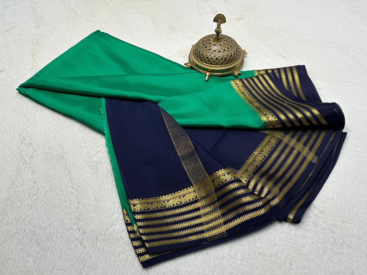 Emerald Green Semi Mysore Silk by Icultuer with Deep Navy Zari Crafted Border & Blouse