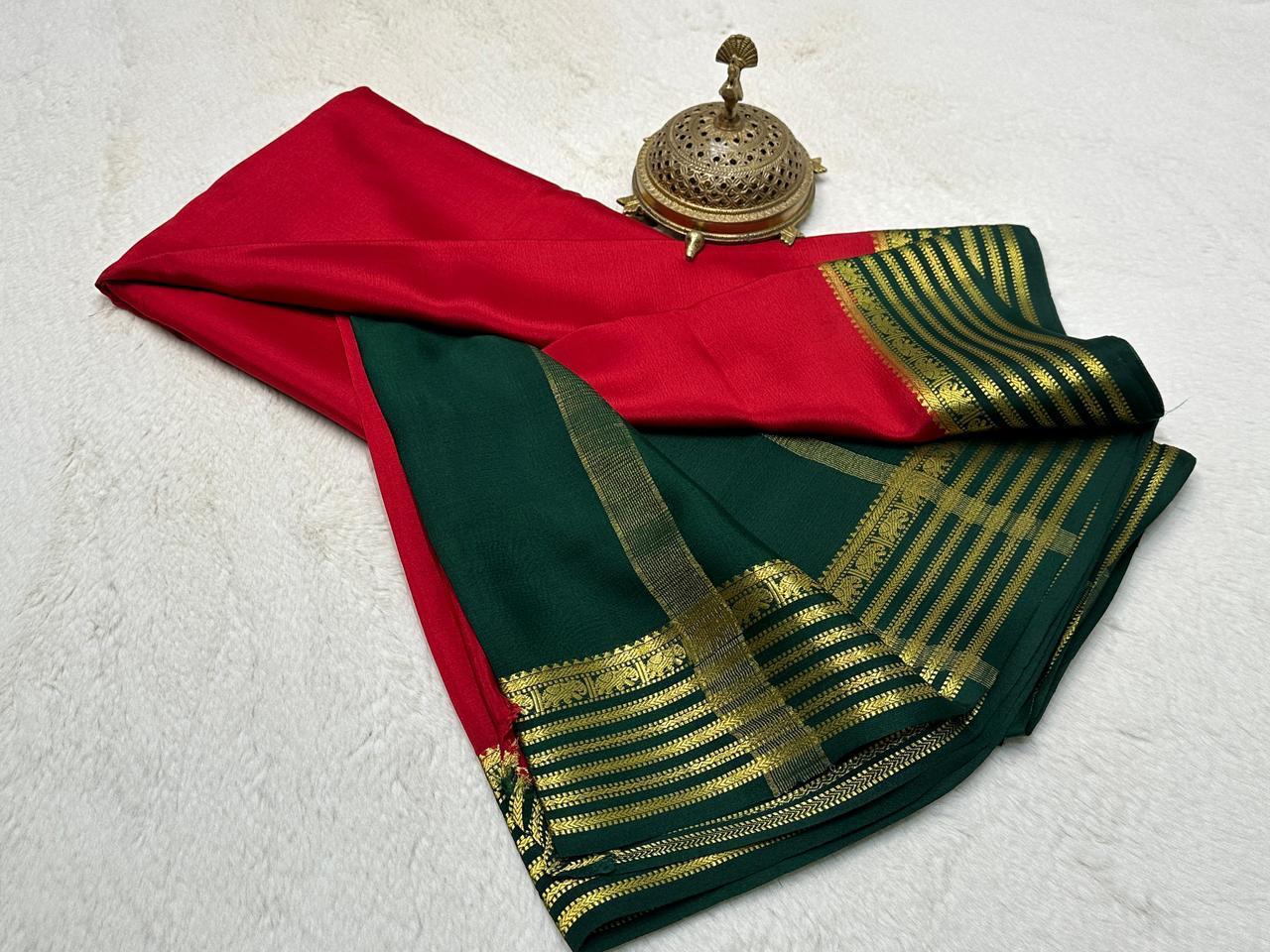 Classic Red Semi Mysore Silk by Icultuer with Emerald Green Gold Zari Heritage Border & Blouse