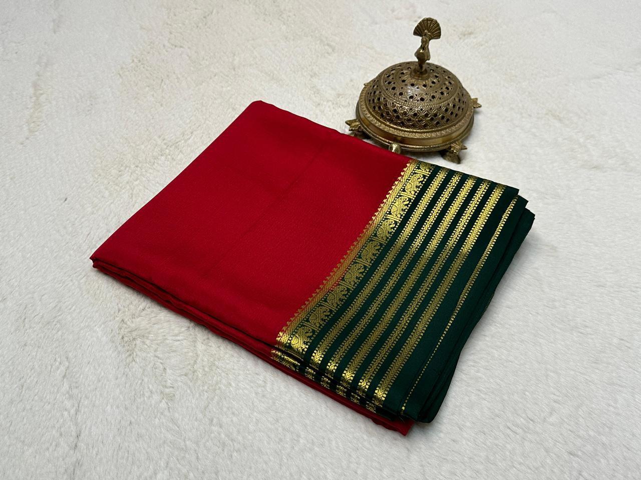 Classic Red Semi Mysore Silk by Icultuer with Emerald Green Gold Zari Heritage Border & Blouse