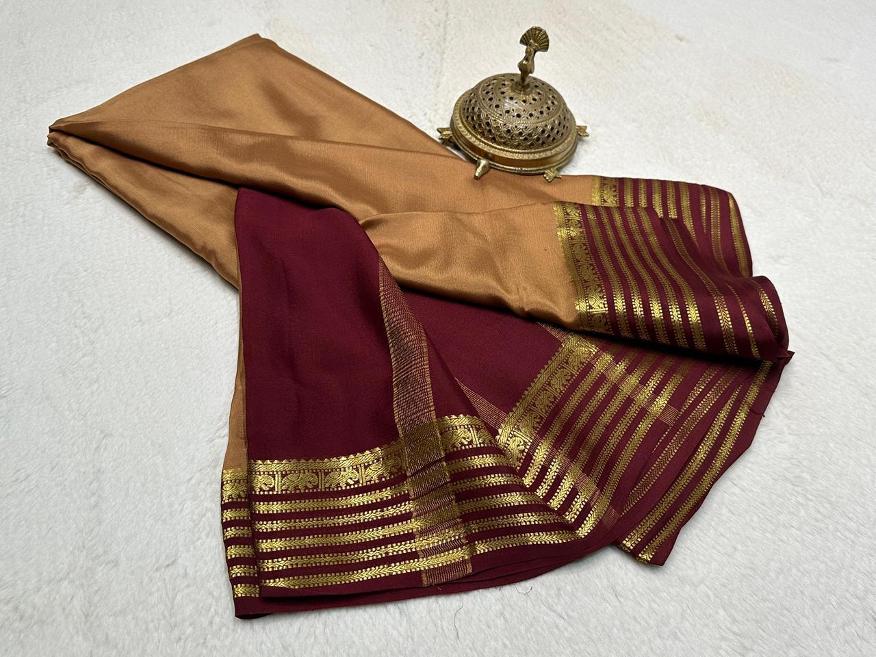 Brown Semi Mysore Silk by Icultuer with Maroon & Gold Zari Border and Blouse