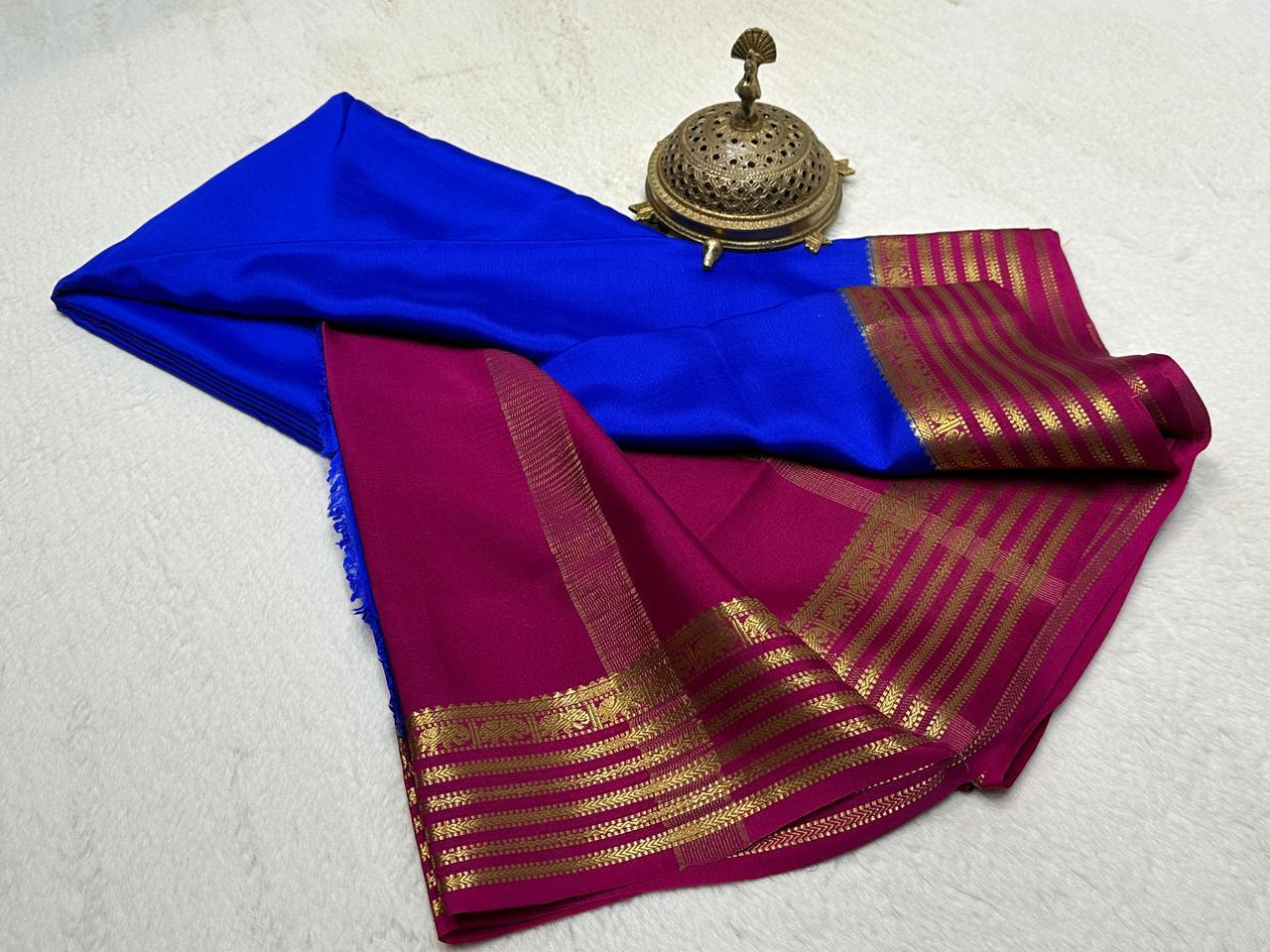 Royal Blue Semi Mysore Silk by Icultuer Accented with Crimson Gold Zari Border & Blouse