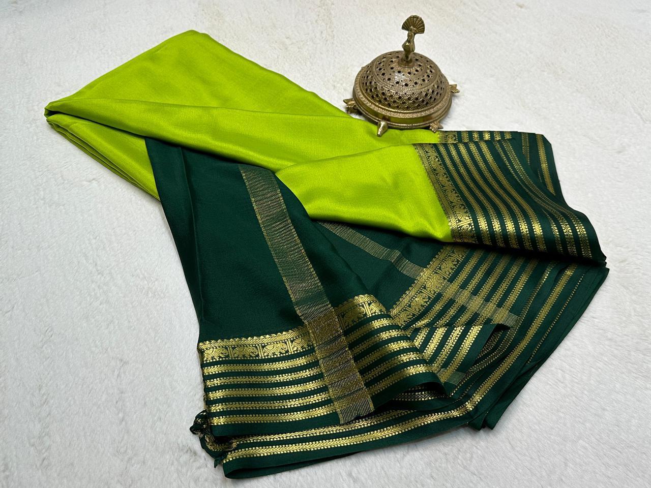 Lime Green Semi Mysore Silk by Icultuer with Deep Emerald Gold-Zari Crafted Border & Blouse