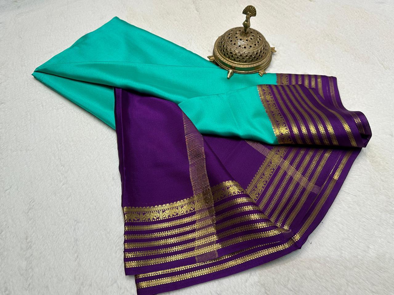 Sea Green Semi Mysore Silk by Icultuer with Royal Purple Gold-Woven Zari Border & Blouse