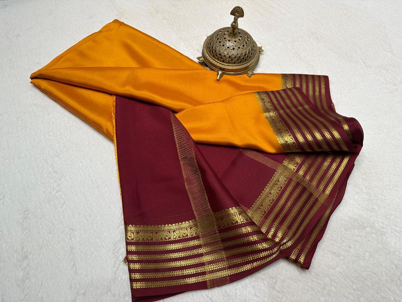 Majestic Amber Mysore Silk Look by Icultuer with Royal Maroon Zari Border & Blouse Piece