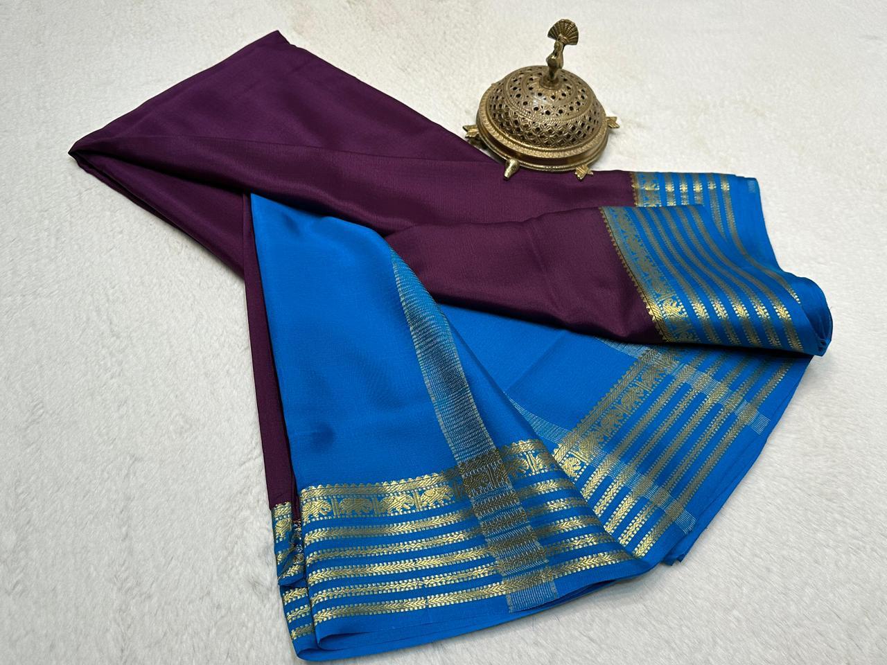 Wine Purple Semi Mysore Silk by Icultuer with Electric Blue Gold-Woven Zari Border & Blouse