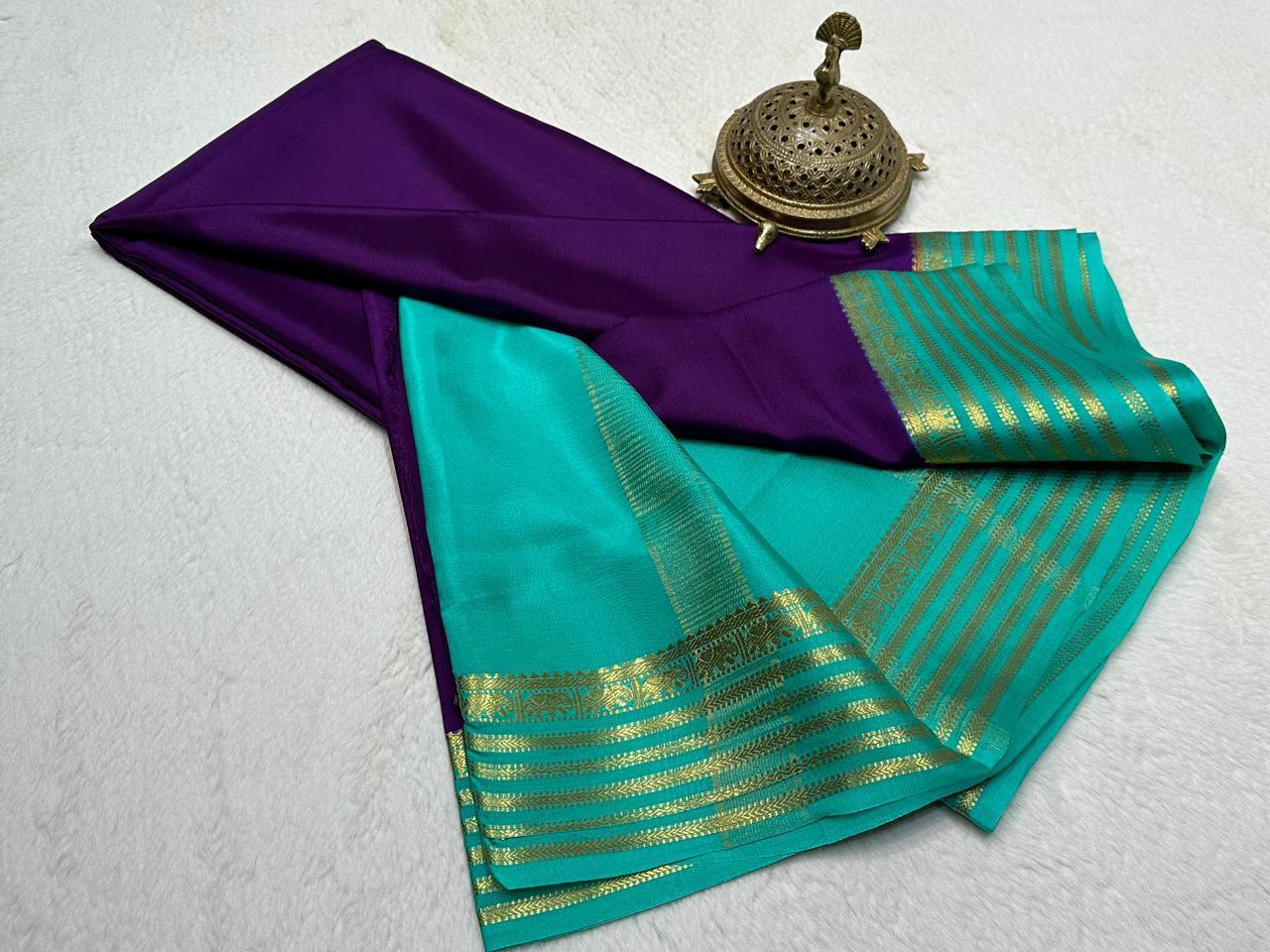 Royal Plum Semi Mysore Silk by Icultuer with Aqua Zari Toned Border & Blouse