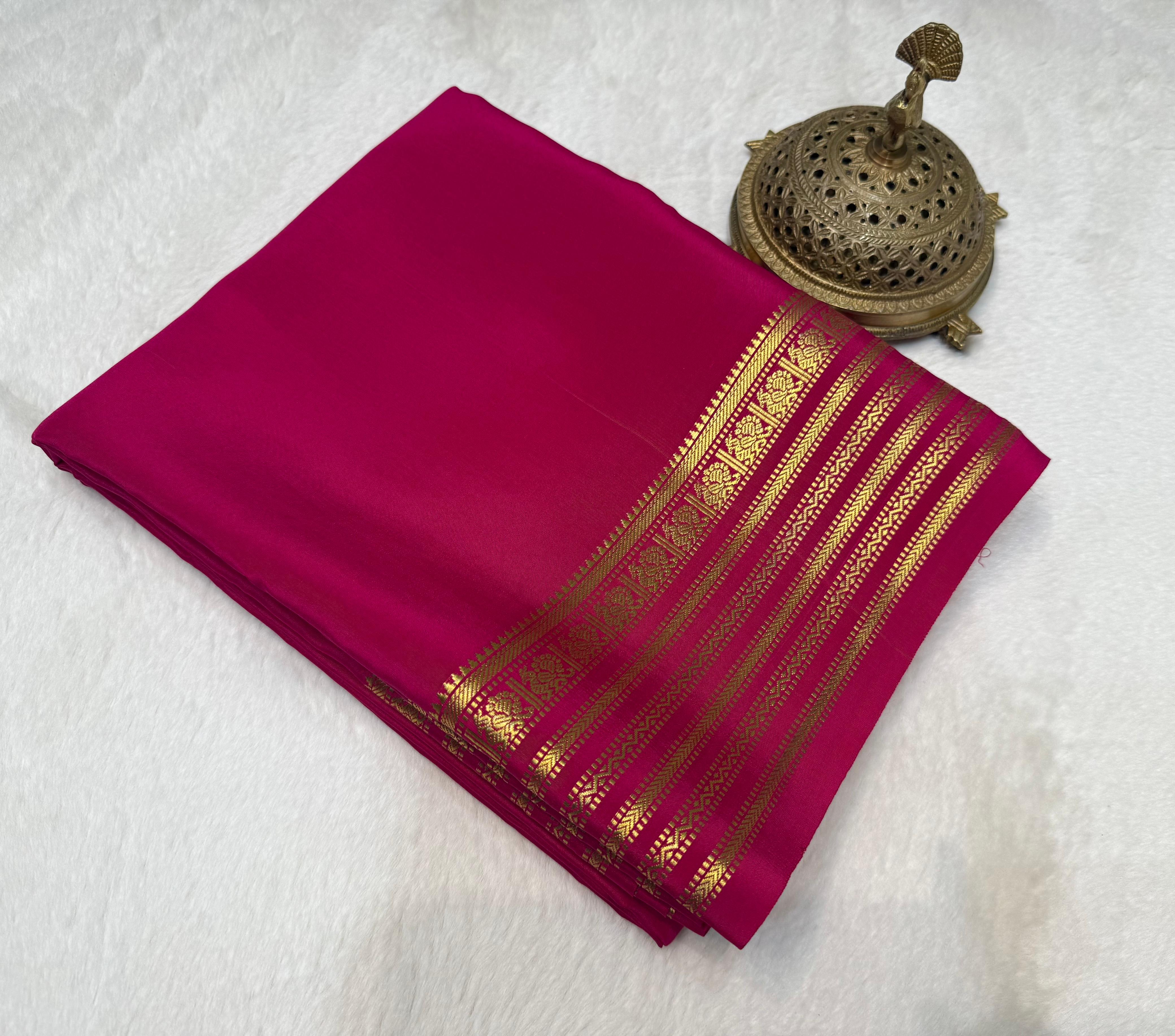 Ruby Pink Mysore Silk by Icultuer with Luxurious Gold Zari Signature Border & Blouse