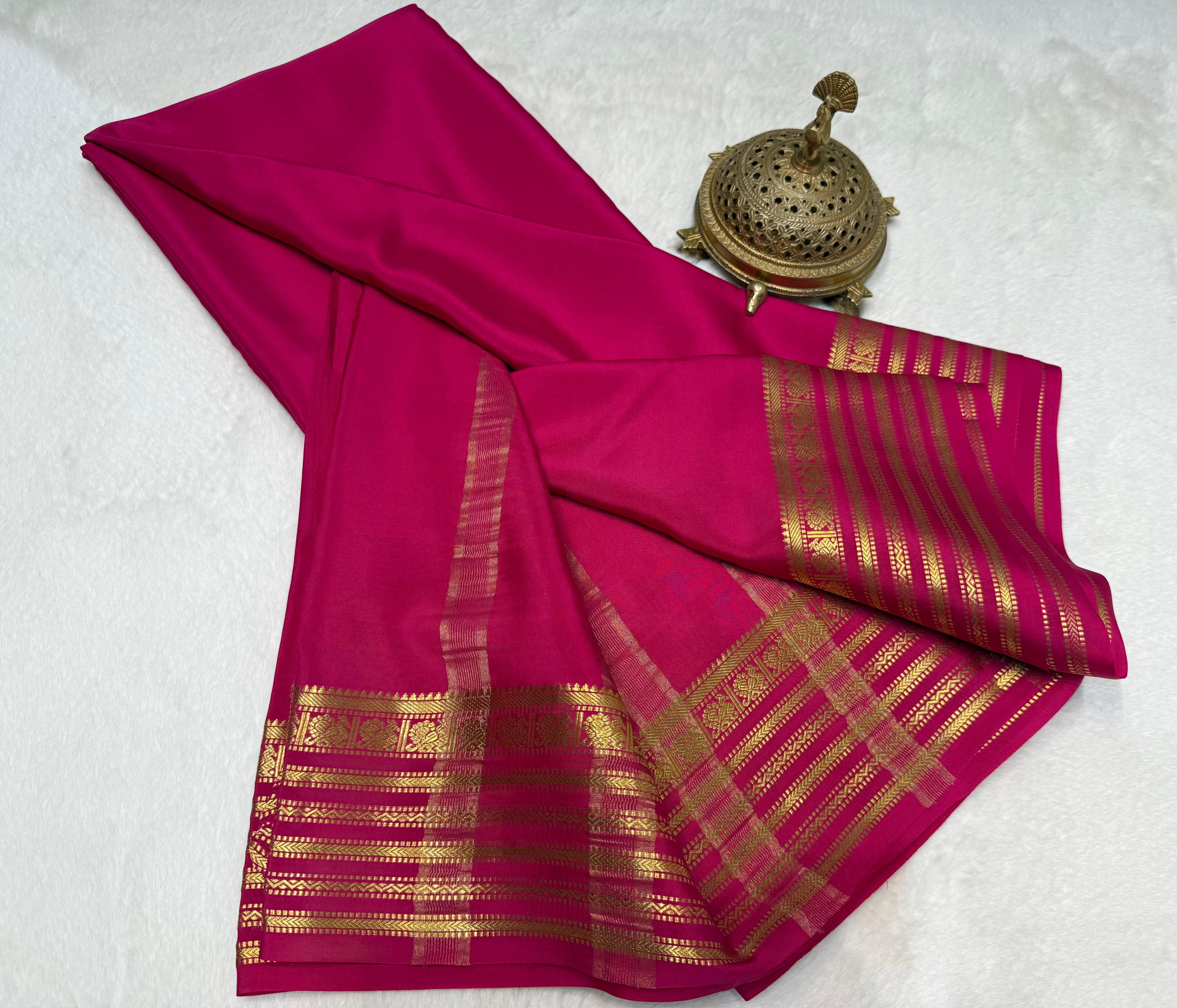 Ruby Pink Mysore Silk by Icultuer with Luxurious Gold Zari Signature Border & Blouse