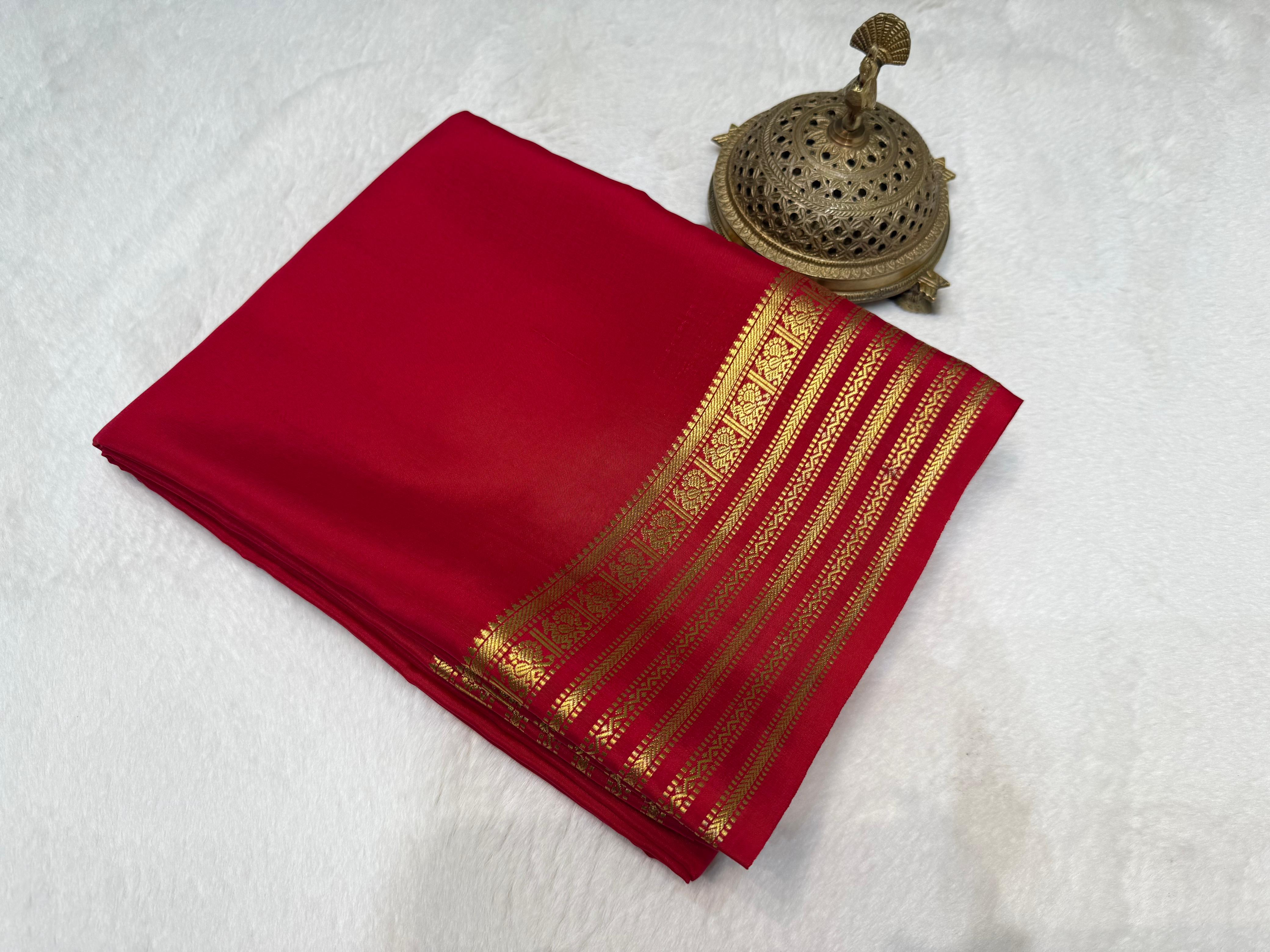 Crimson Red Semi Mysore Silk by Icultuer with Royal Gold Zari Grand Border & Blouse