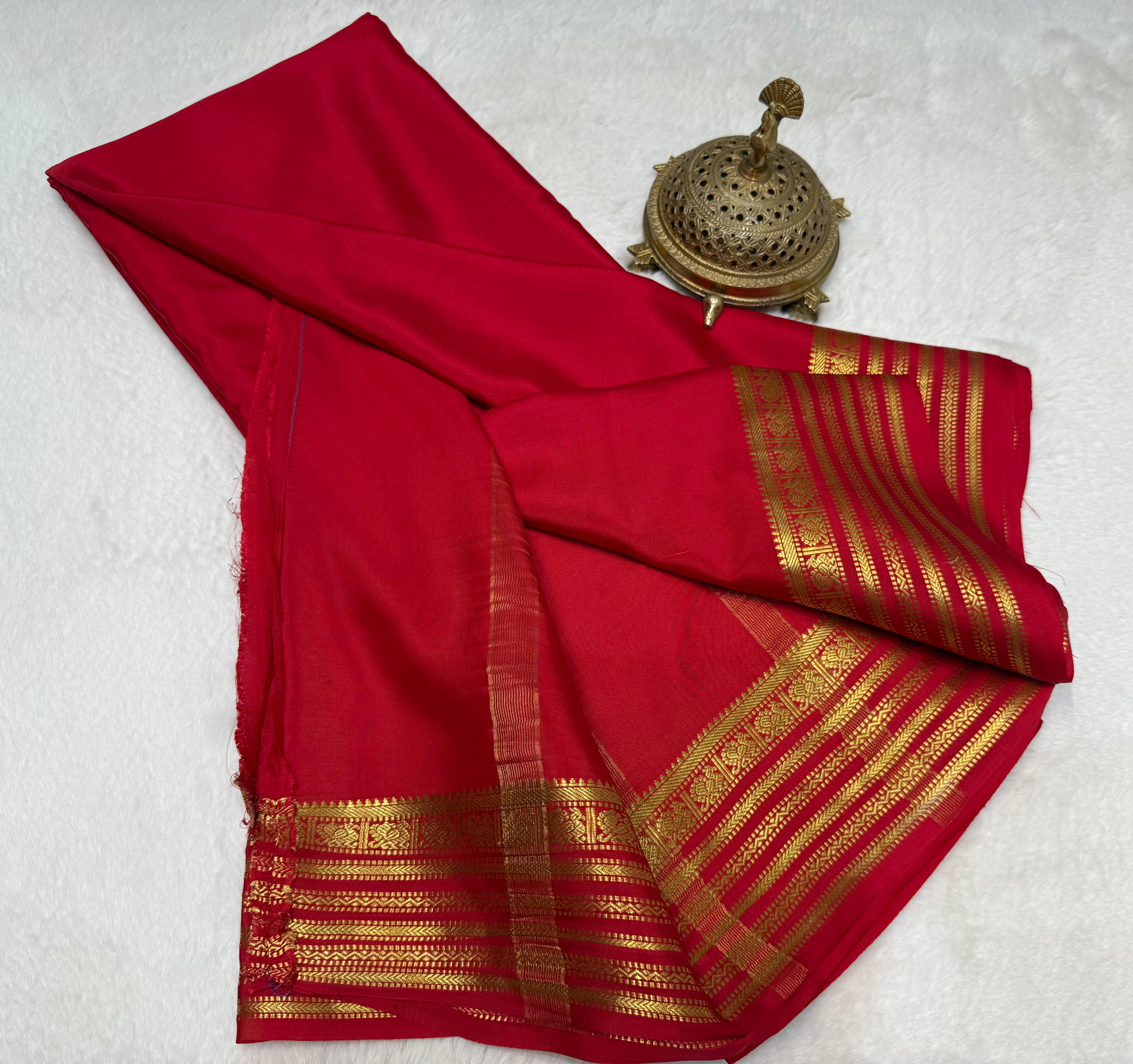 Crimson Red Semi Mysore Silk by Icultuer with Royal Gold Zari Grand Border & Blouse