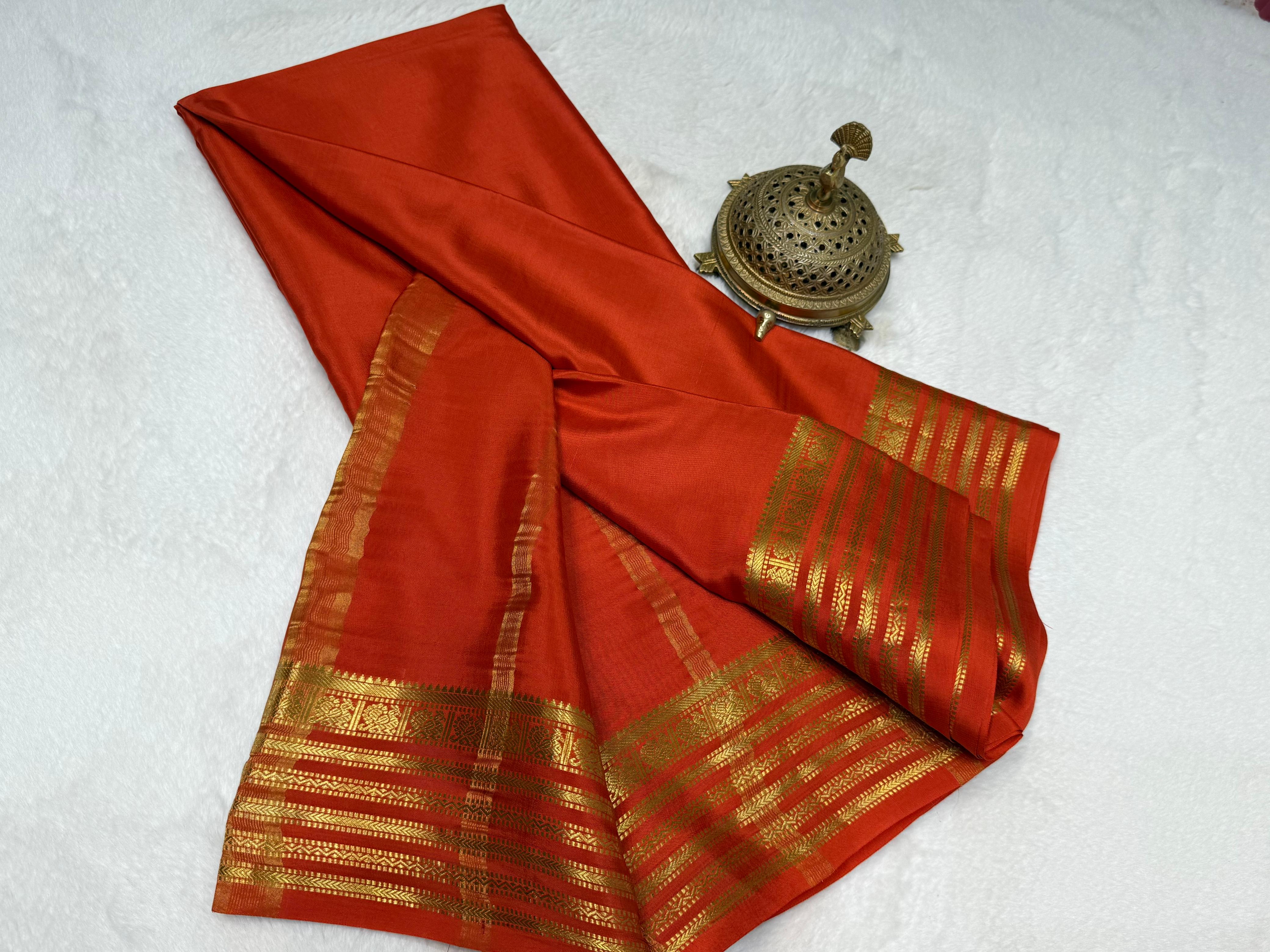 Burnt Orange Semi Mysore Silk by Icultuer with Majestic Gold Zari Regal Border & Blouse