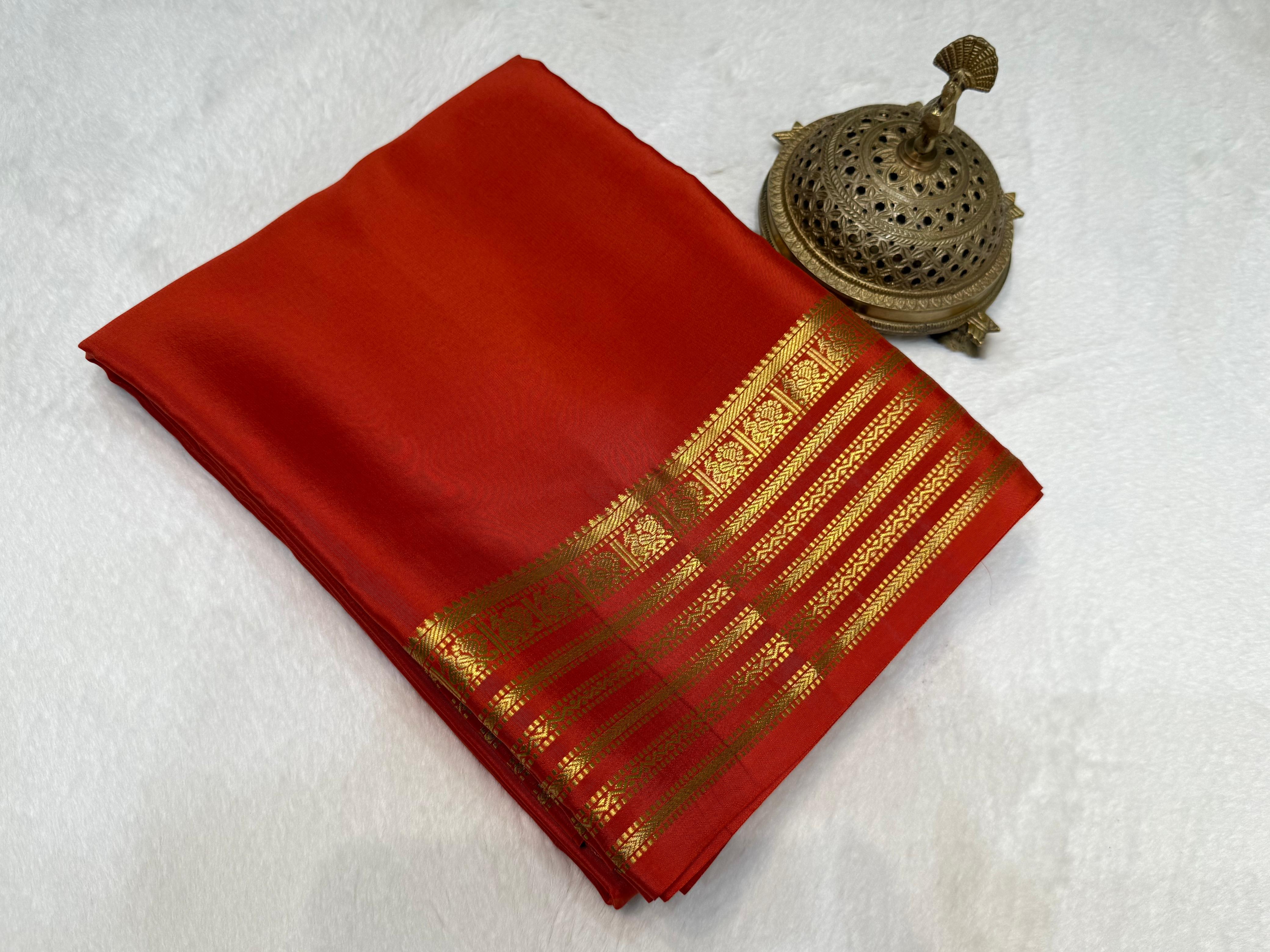 Burnt Orange Semi Mysore Silk by Icultuer with Majestic Gold Zari Regal Border & Blouse