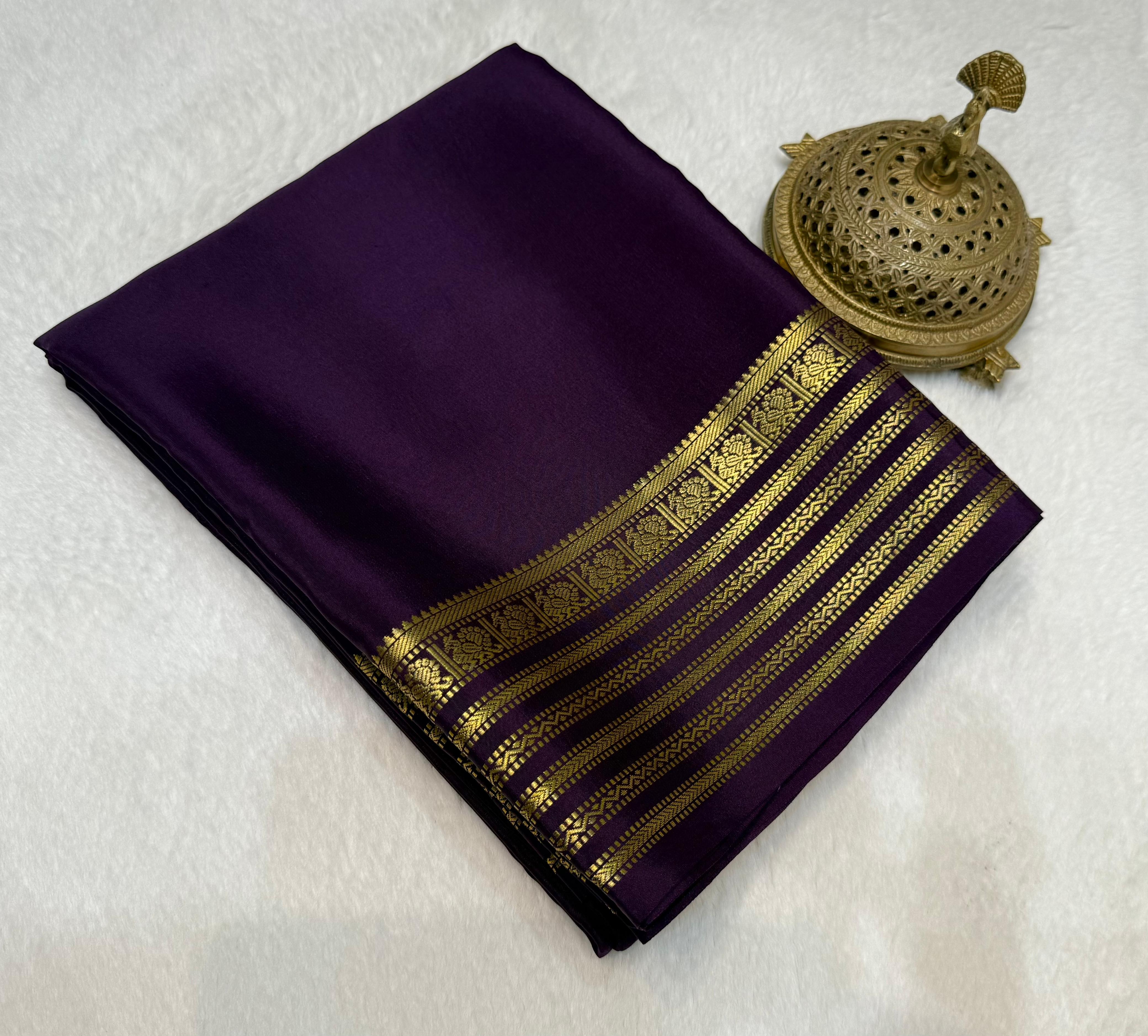 Deep Plum Semi Mysore Silk by Icultuer with Opulent Gold Zari Heritage Border & Blouse
