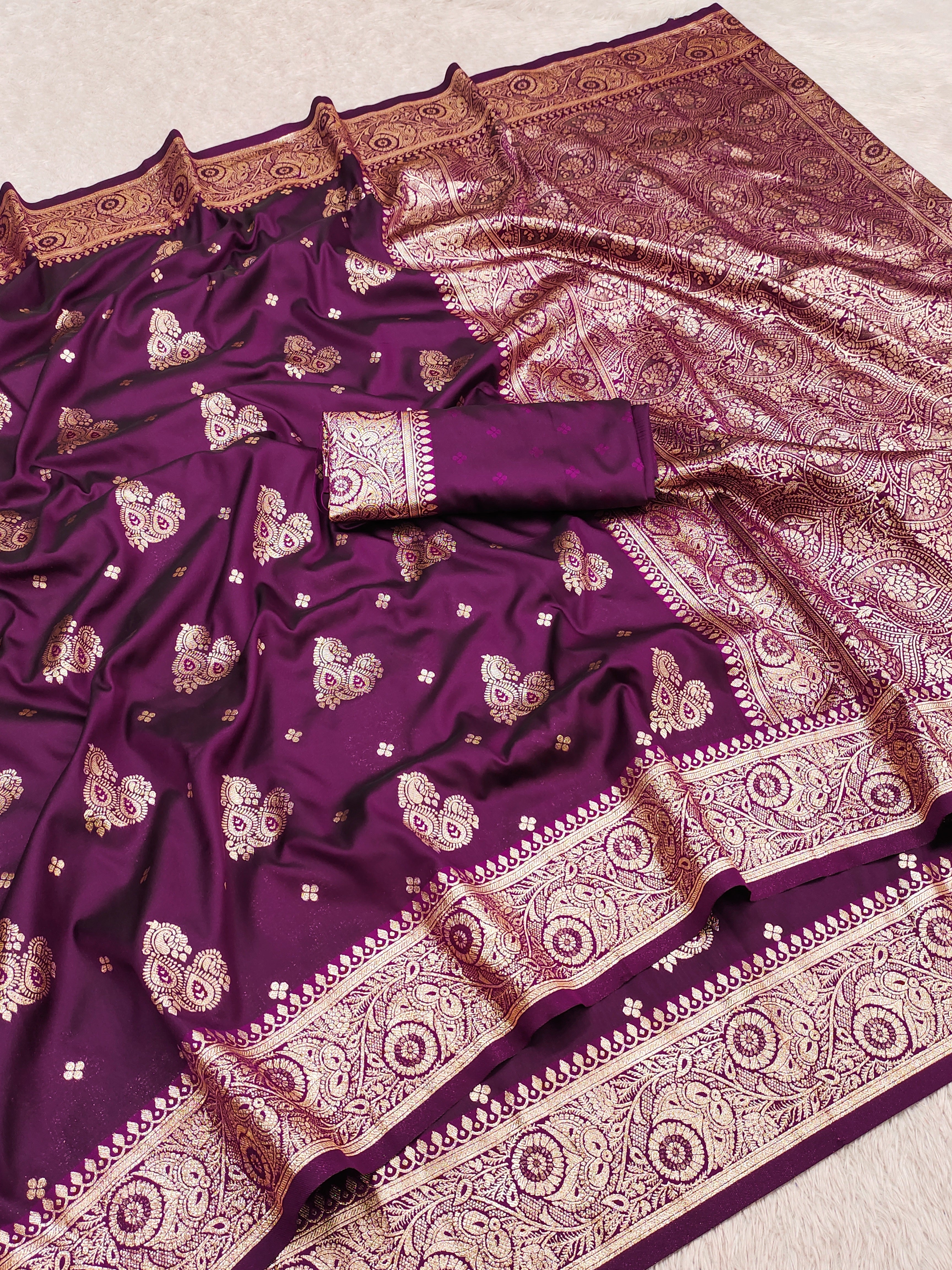Royal Purple Silk Saree with icultural Gold Zari Butta & Heavy Woven Pallu