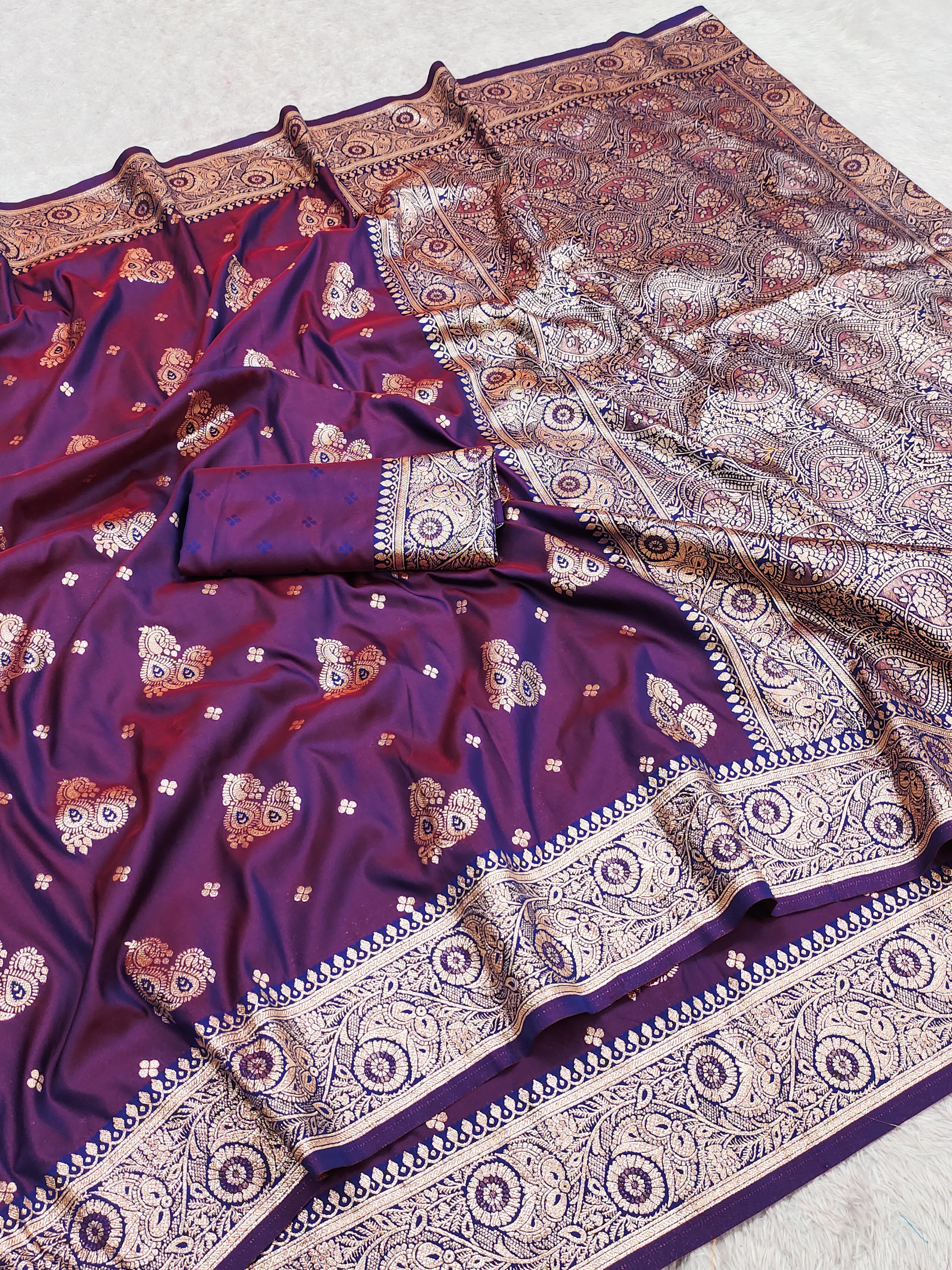 Deep Wine Purple Silk Saree with icultural Gold Zari Butta & Heavy Paisley Pallu