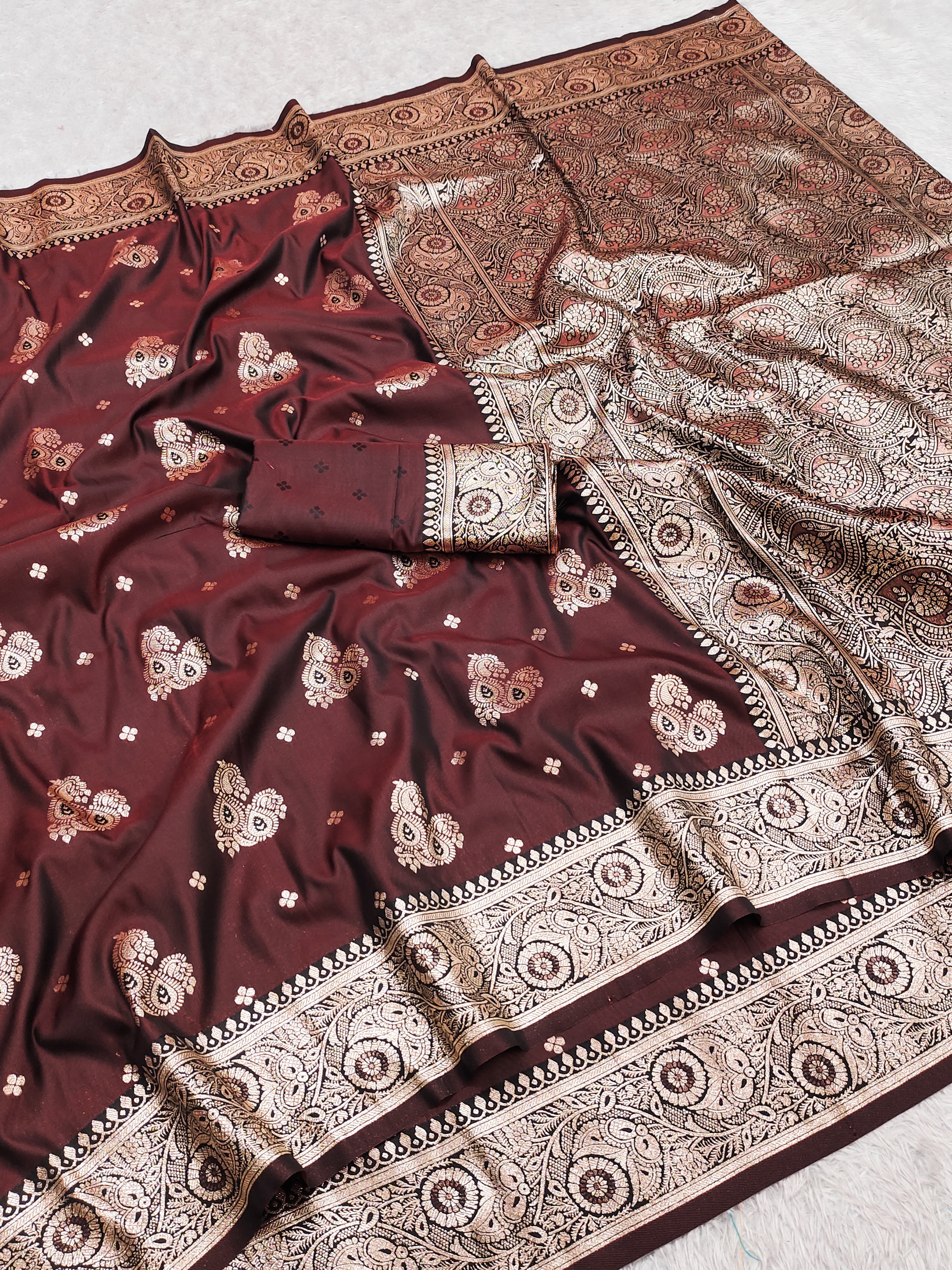 Rich Coffee Brown Silk Saree with icultural Gold Zari Butta & Heavy Paisley Pallu
