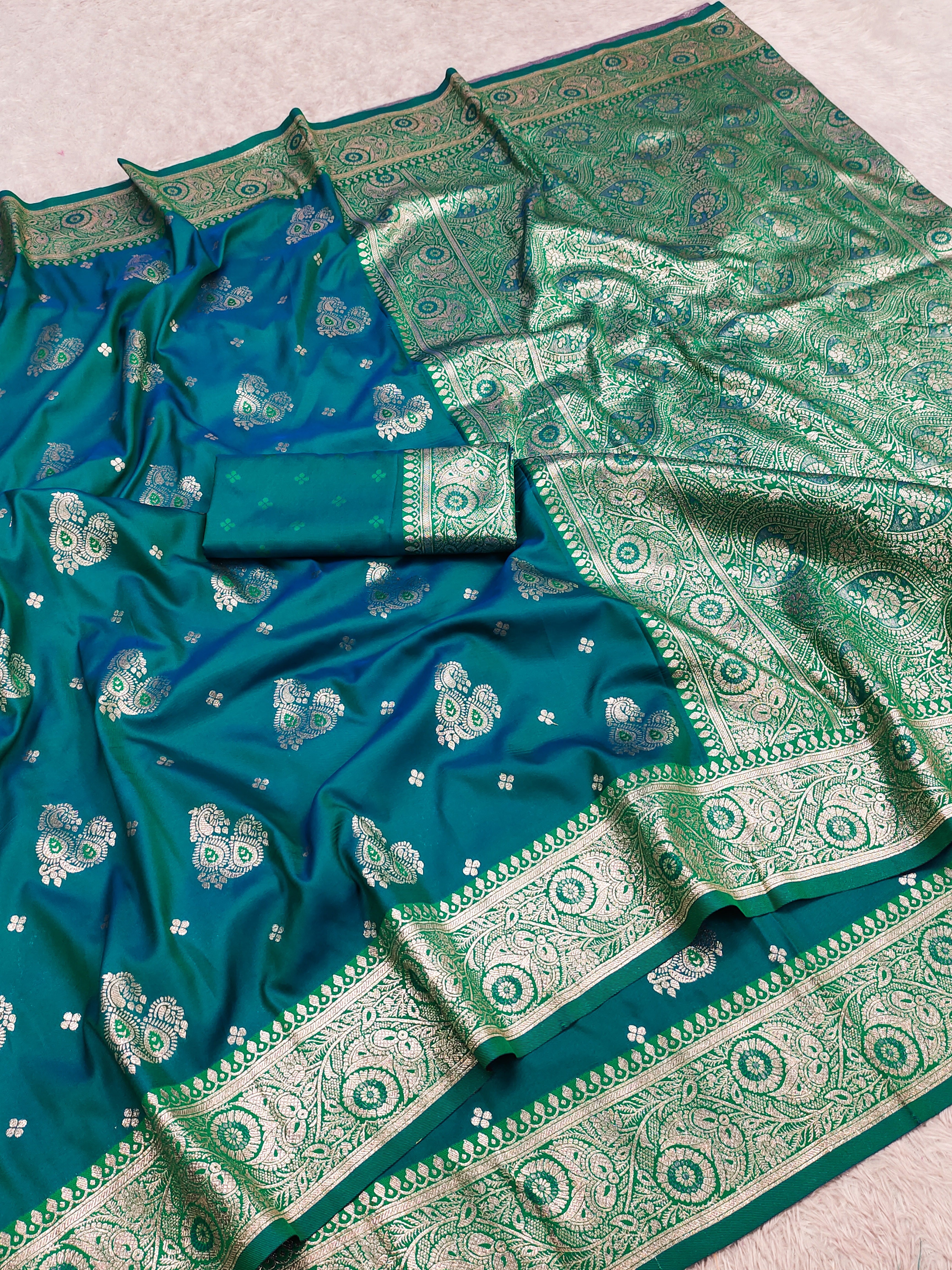 icultural Peacock Green Silk Saree with Silver Zari Butta & Heavy Paisley Pallu