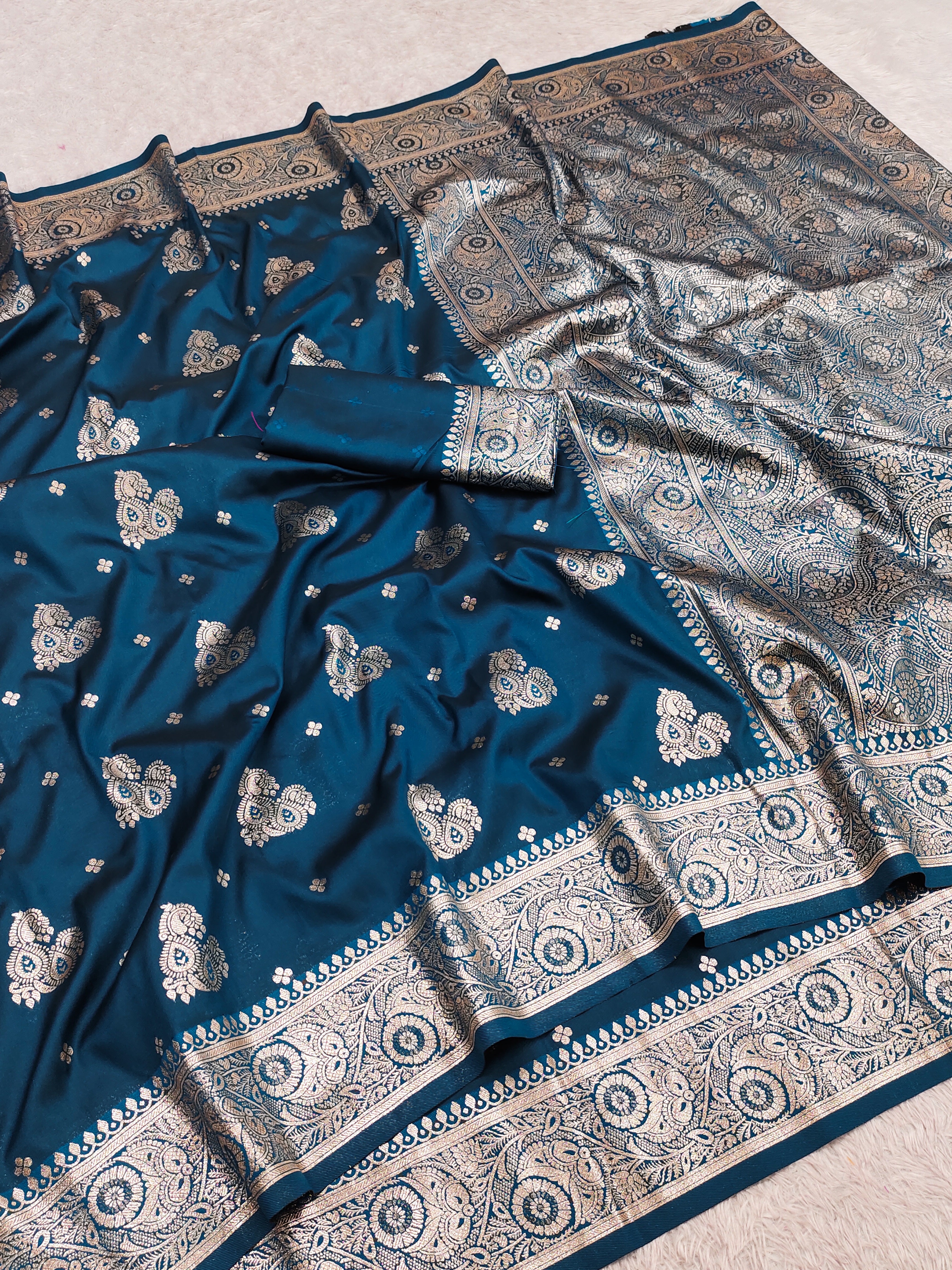 Deep icultural Blue Silk Saree with Silver Zari Butta & Heavy Paisley Pallu