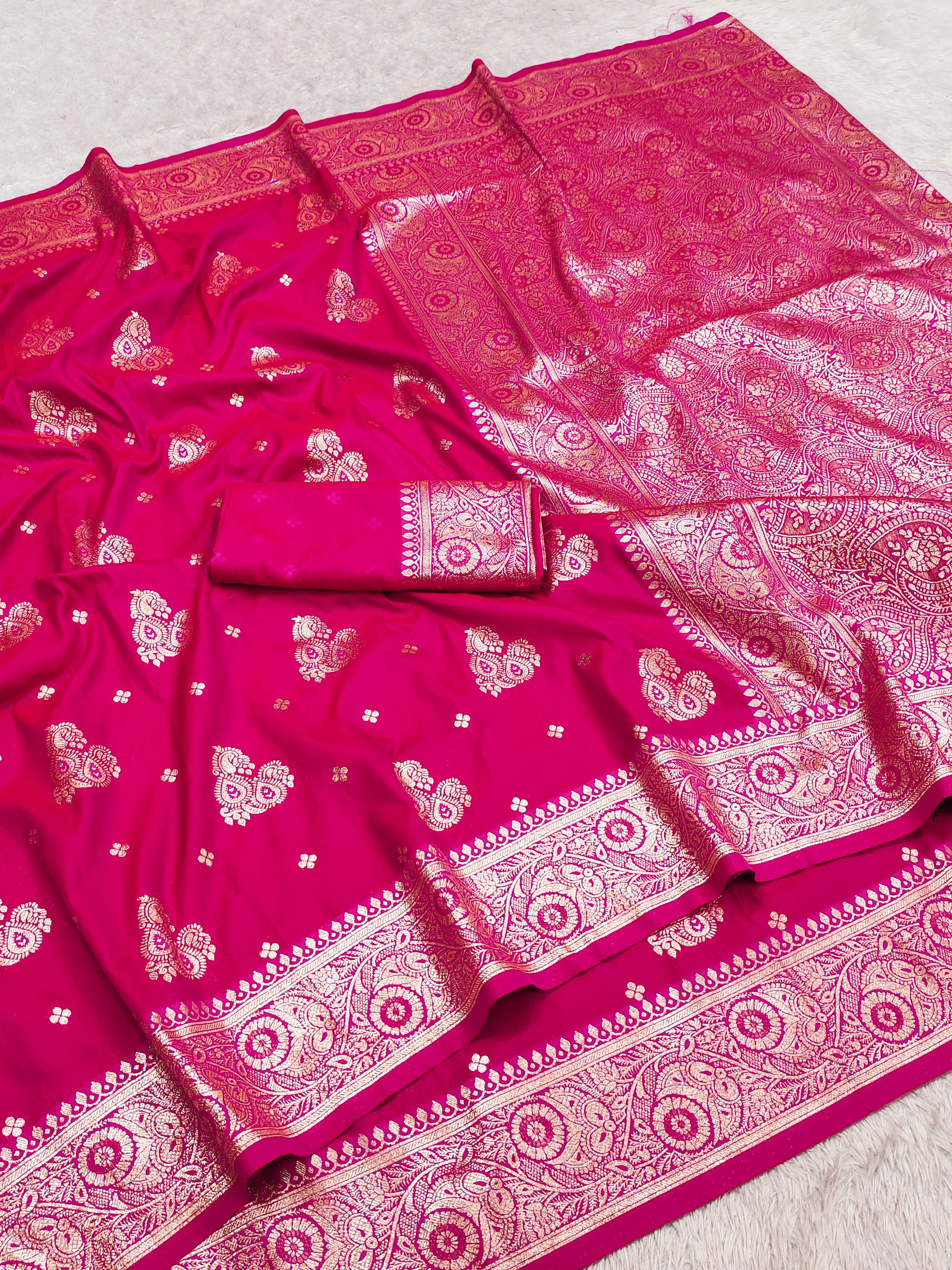 Rani Pink Silk Saree with Gold Zari Butta & Heavy icultural Zari Pallu
